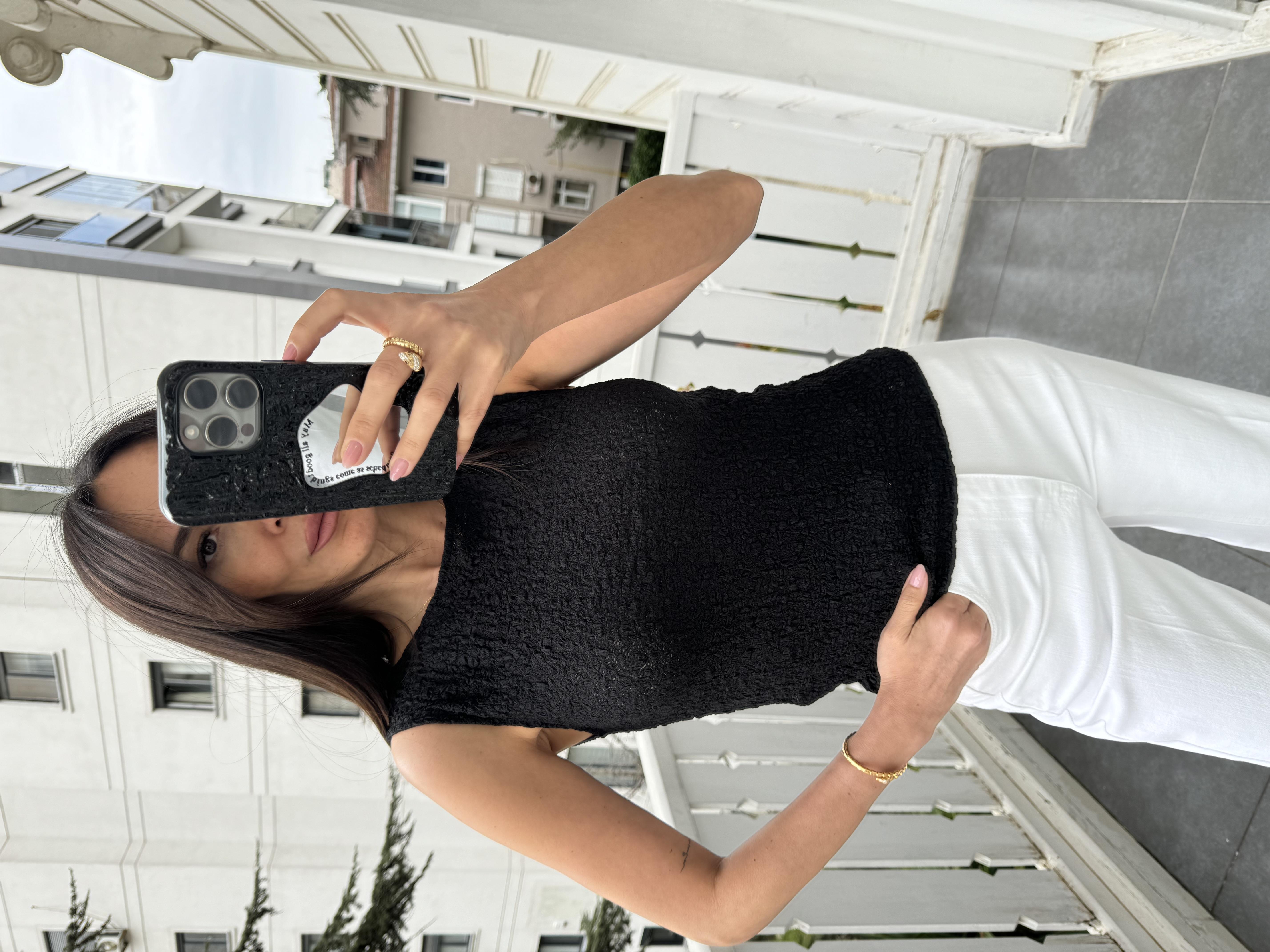 Siyah Kolsuz Dantel Bluz