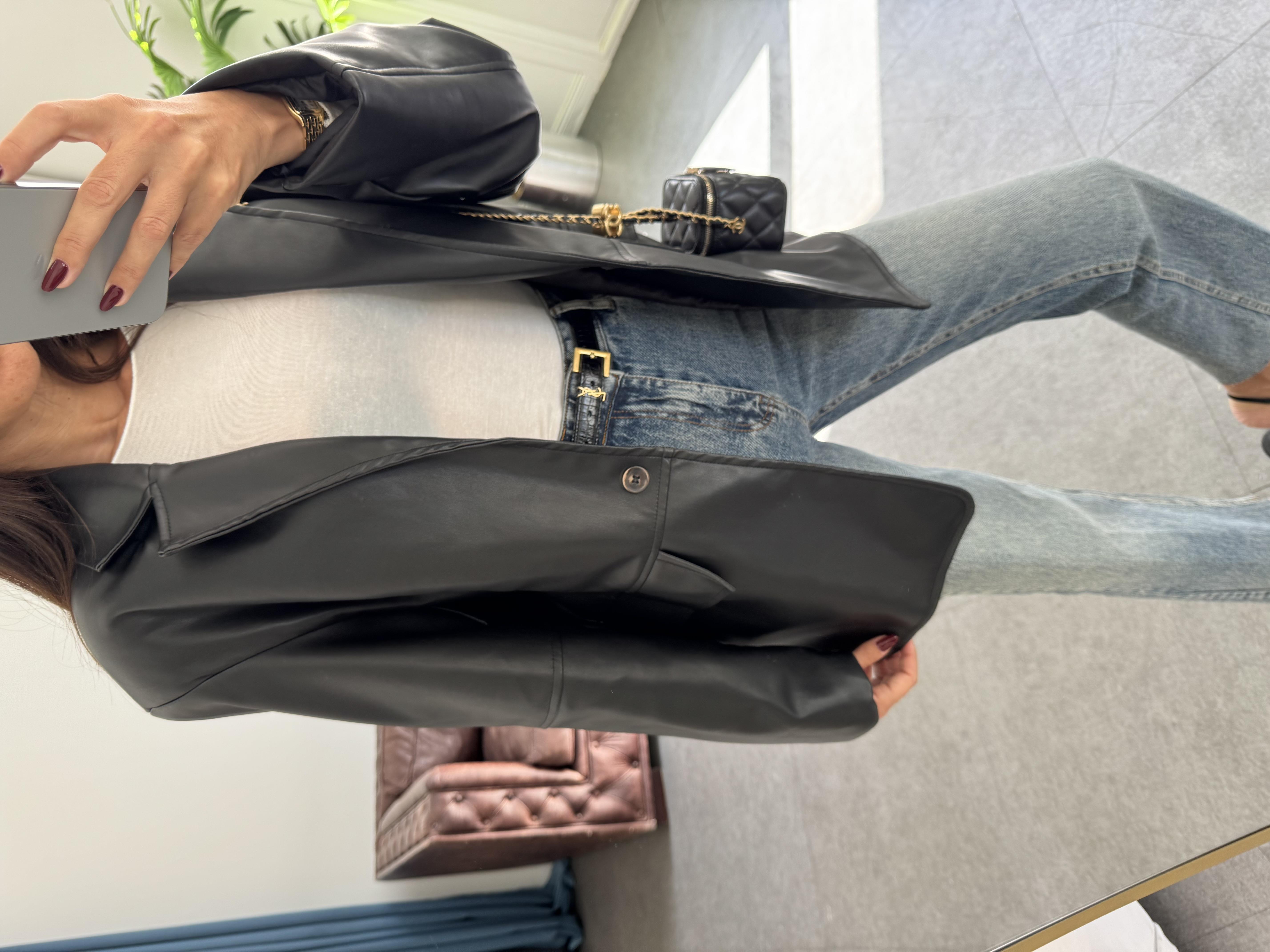 Siyah Tek Düğmeli Deri Blazer Ceket