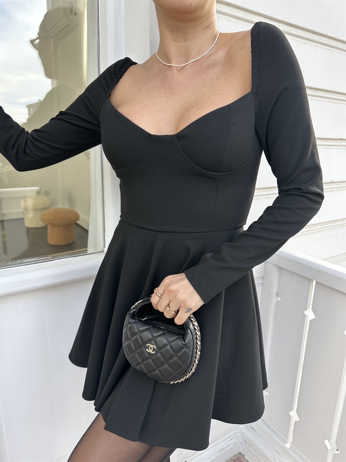 Siyah Kuplu Kloş Mini Elbise