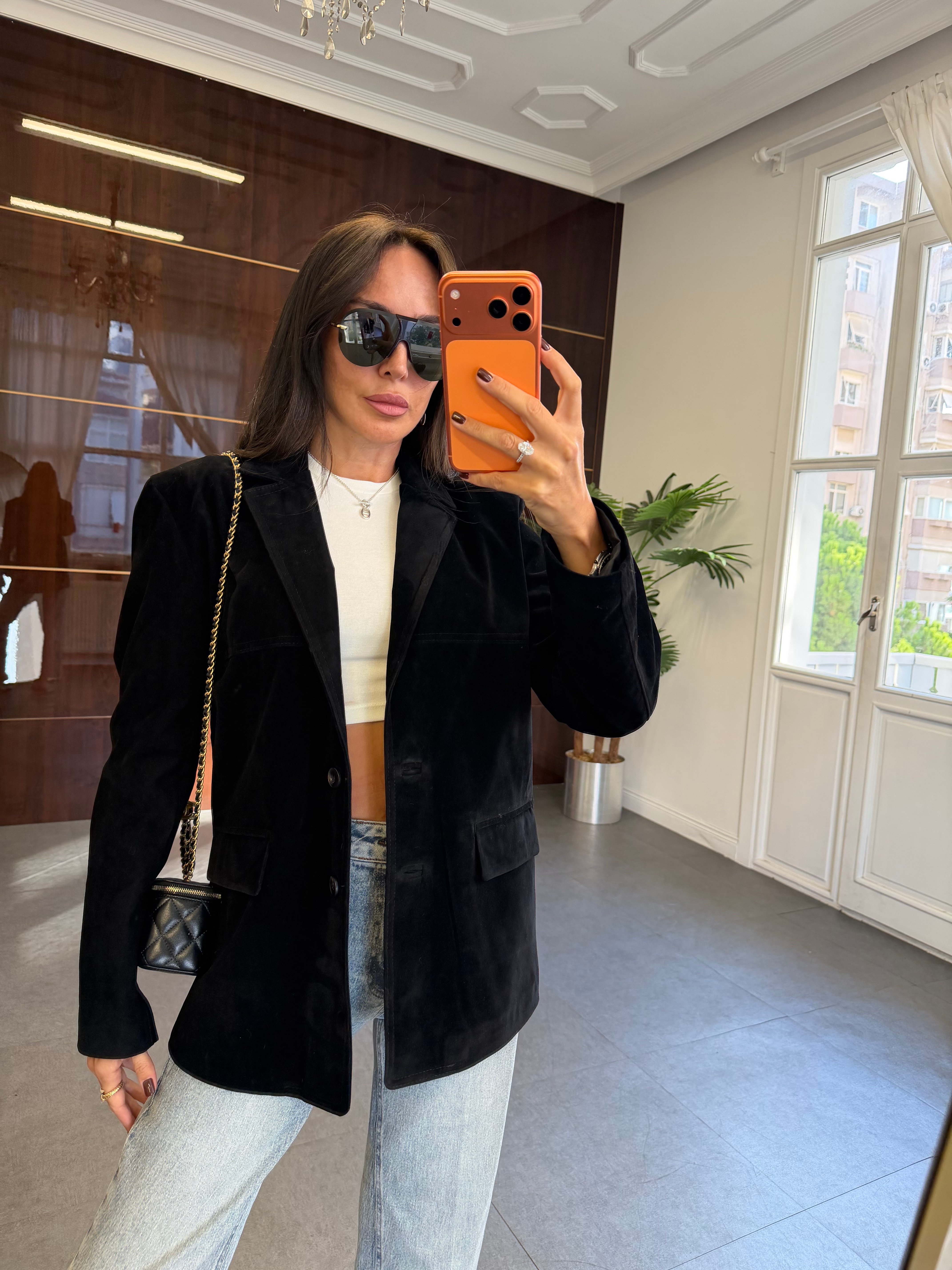 Siyah Kuşaklı Süet Blazer Ceket