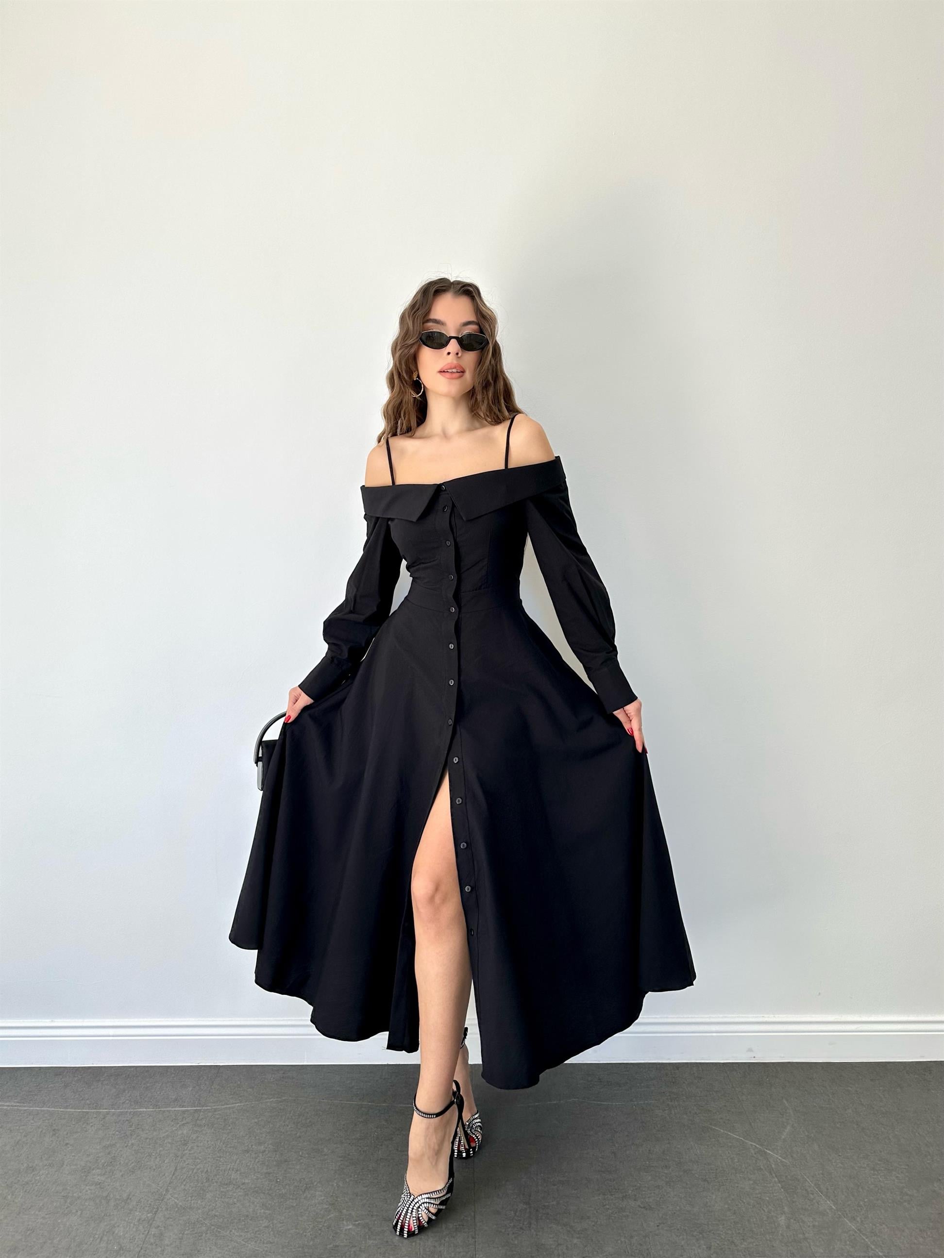 Siyah Madonna Yaka Gömlek Elbise