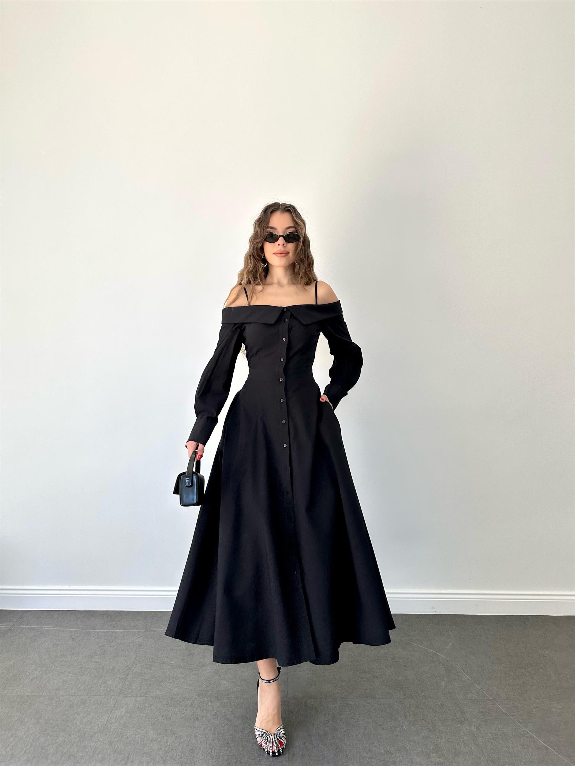 Siyah Madonna Yaka Gömlek Elbise