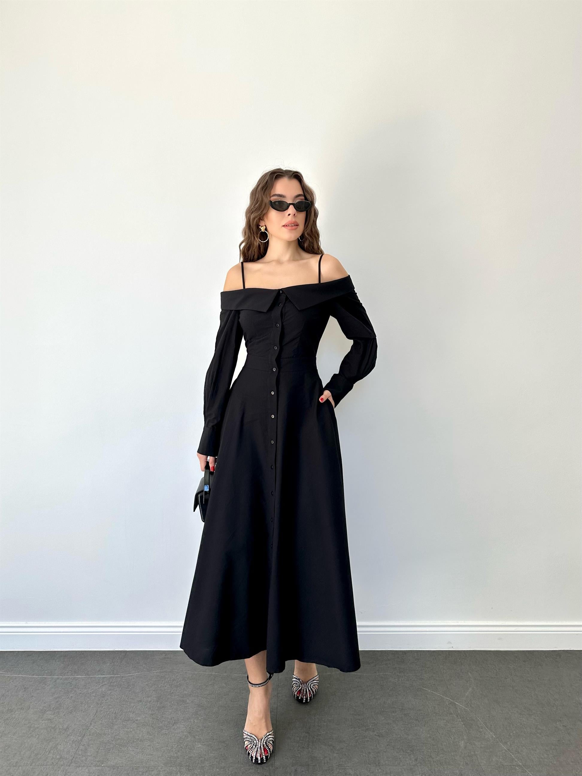 Siyah Madonna Yaka Gömlek Elbise