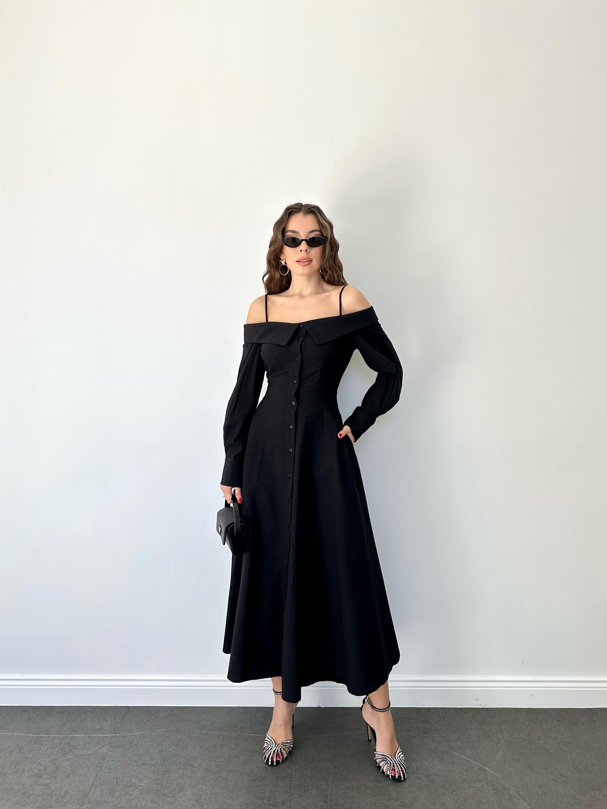 Siyah Madonna Yaka Gömlek Elbise