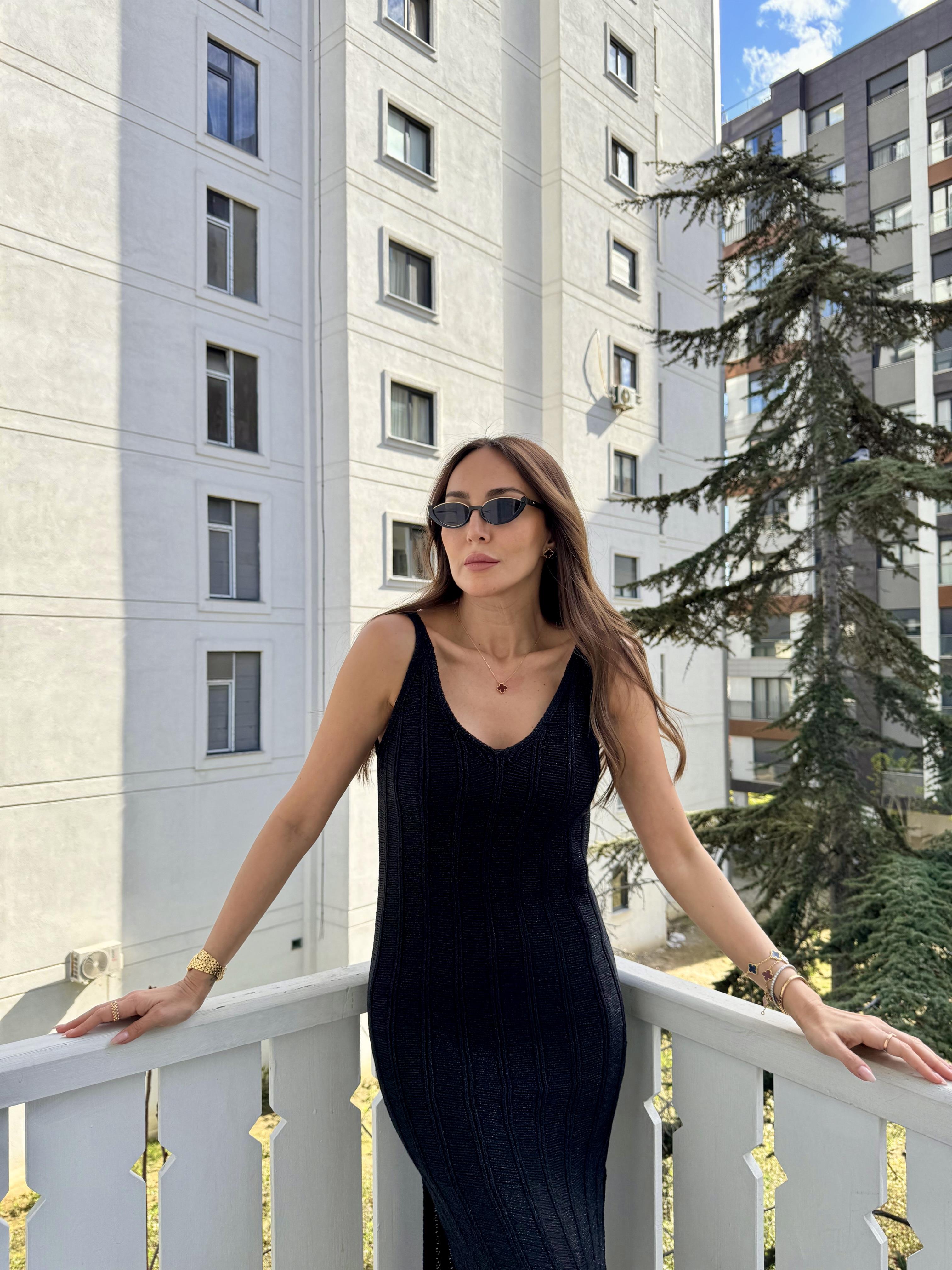 Siyah Merserize Astarlı Simli Elbise