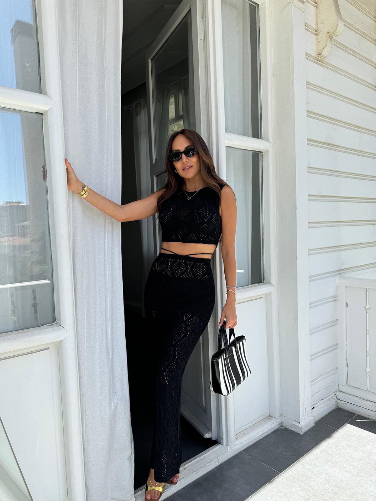 Siyah Merserize Crop Etek Takım