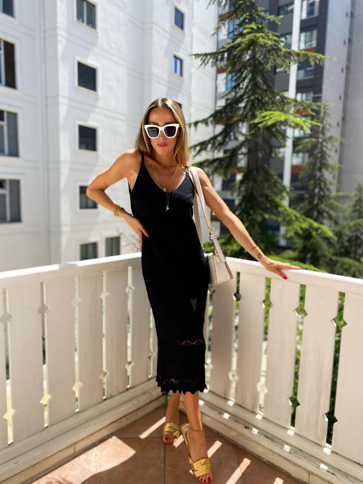 Siyah Ön Arka V Kesimli Romantic Stil Örgü Elbise