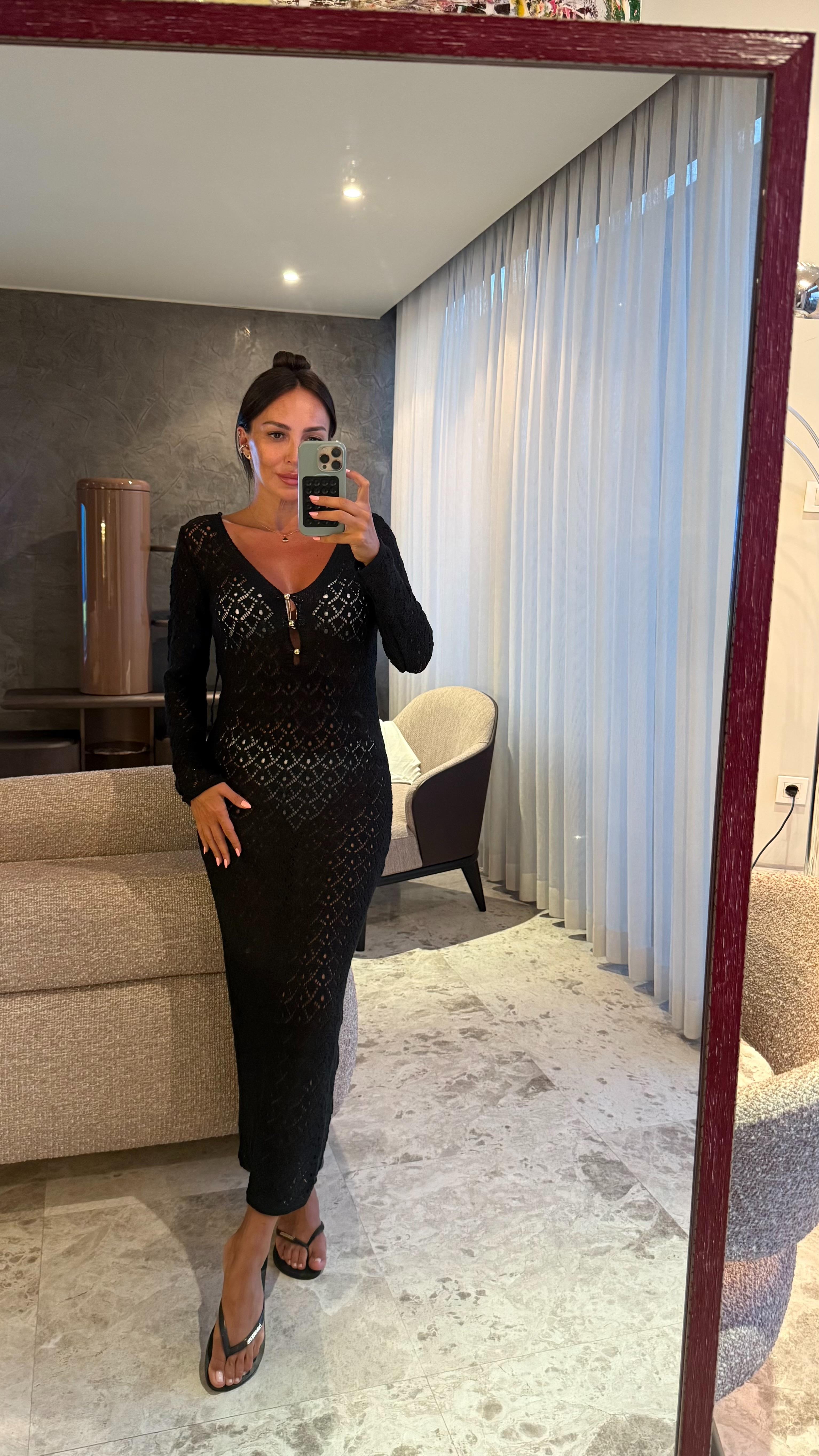 Siyah Önden Düğmeli Triko Elbise