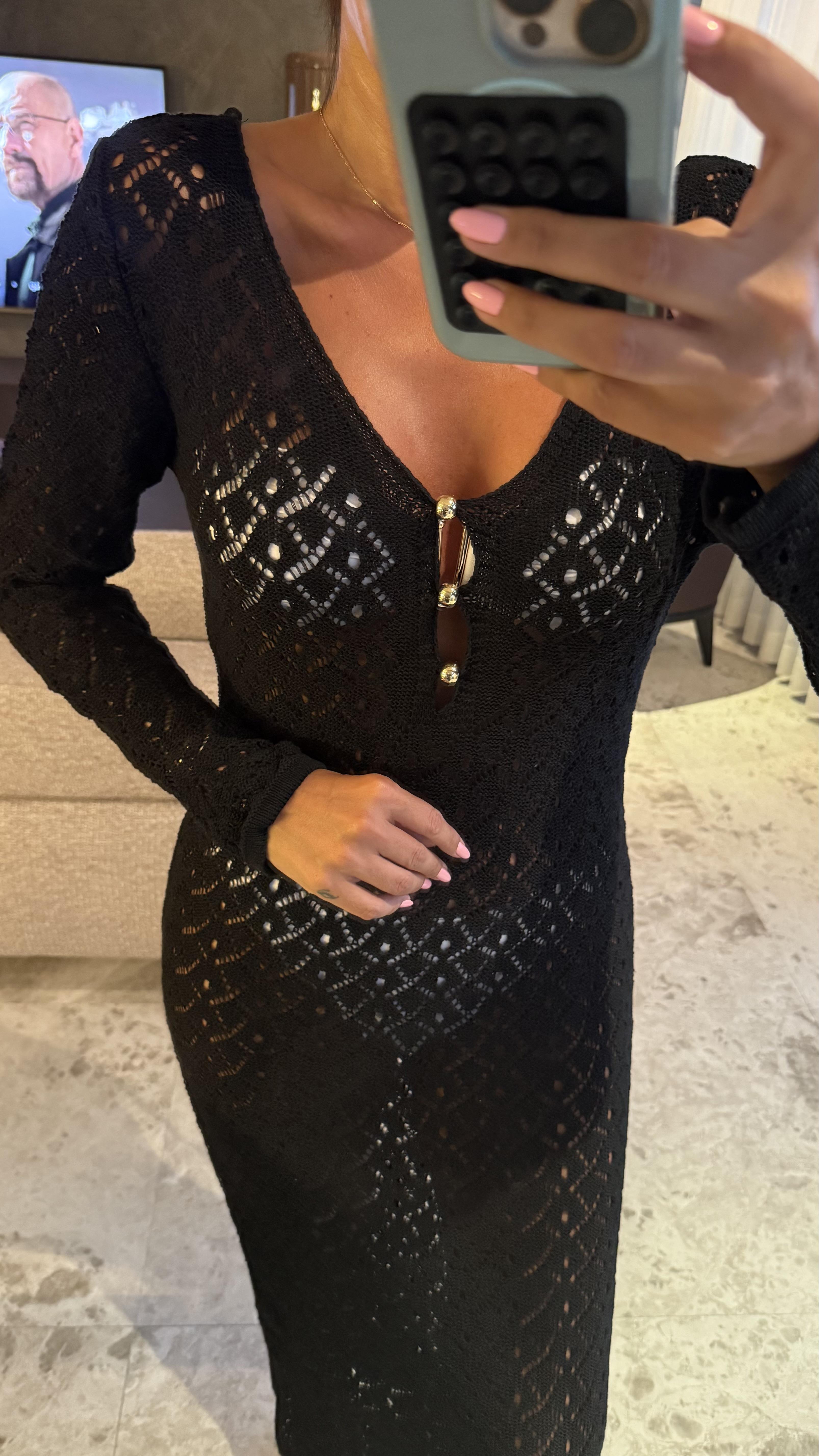 Siyah Önden Düğmeli Triko Elbise