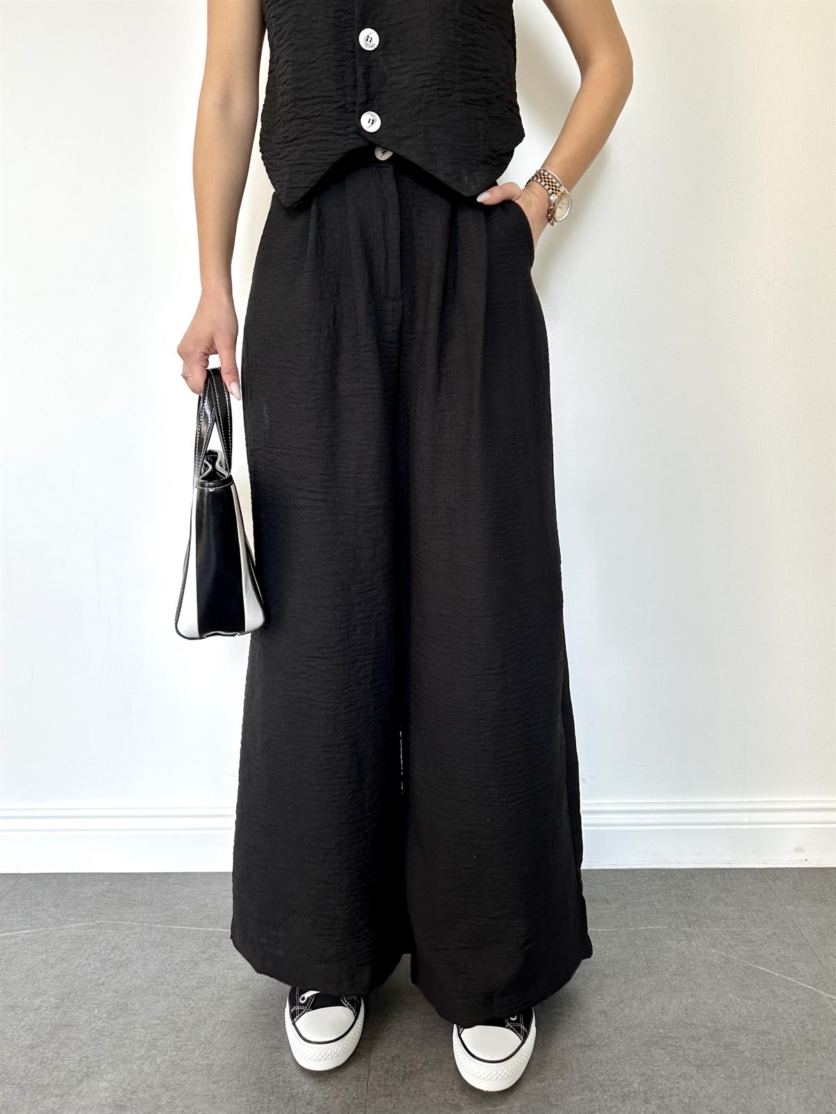 Siyah Önü Düğmeli Sıfır Kol Ceket Pantolon Takım