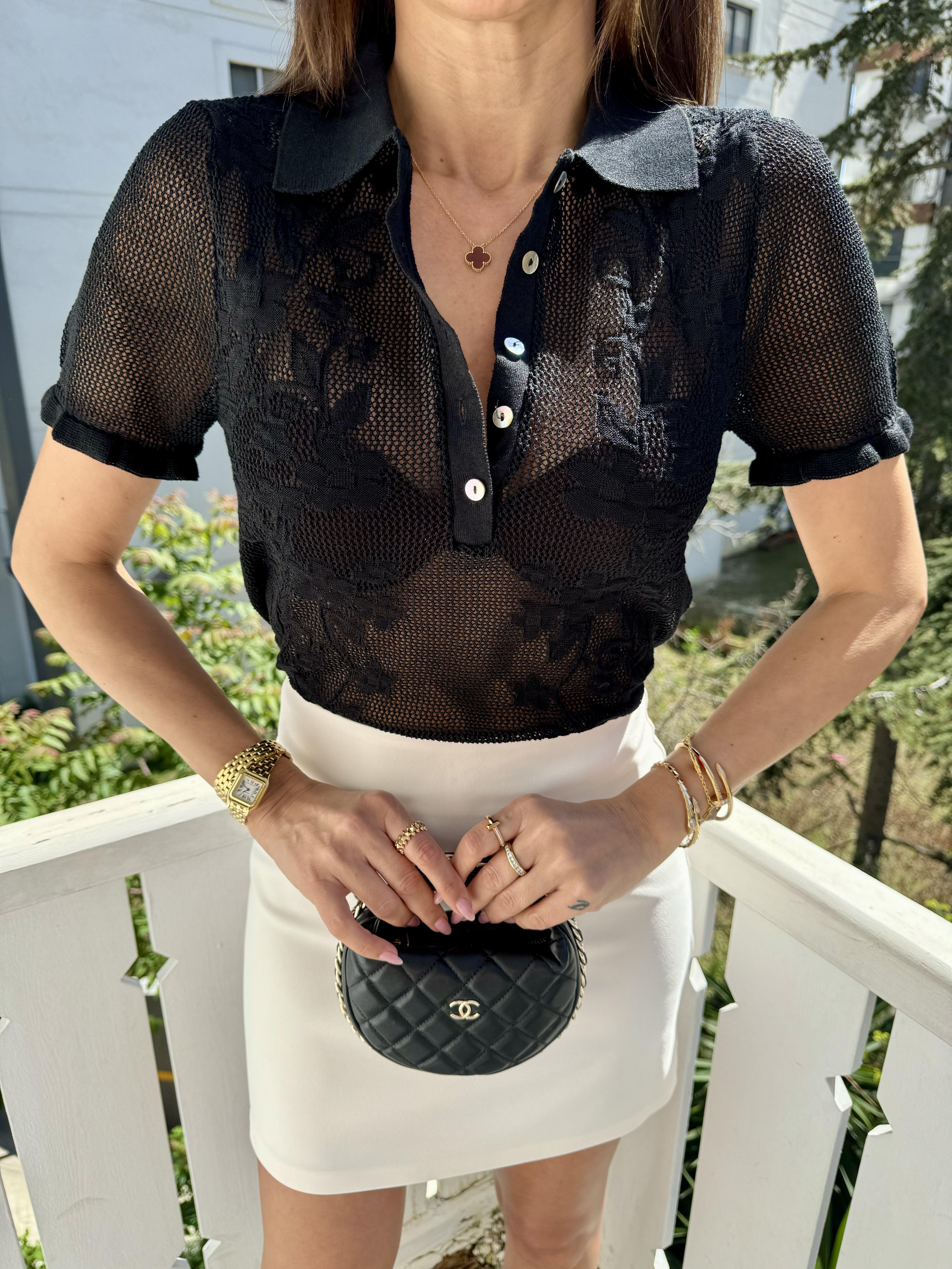 Siyah Polo Yaka Ajurlu Düğmeli Triko Bluz