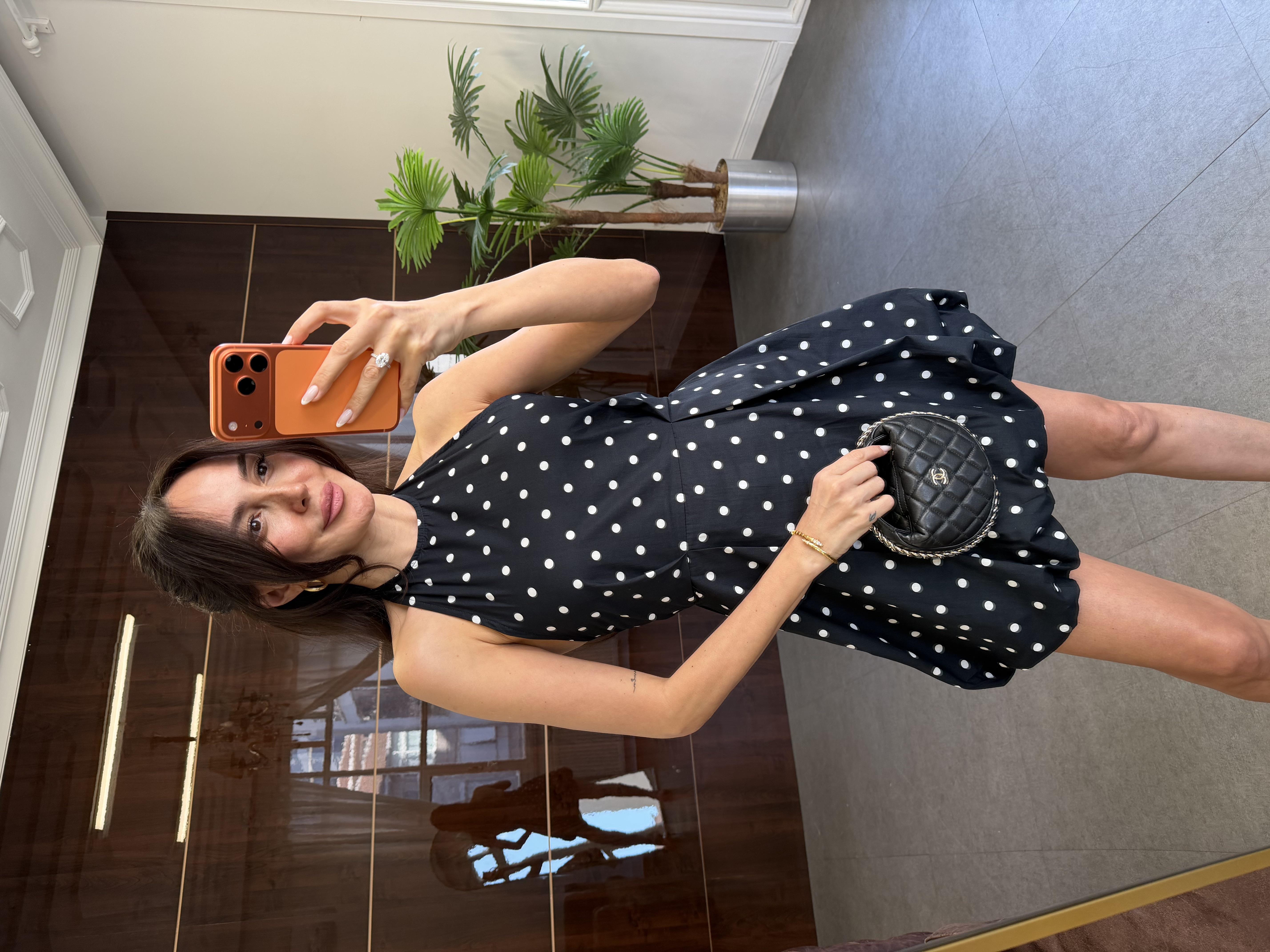 Siyah Puantiyeli Mini Balon Elbise