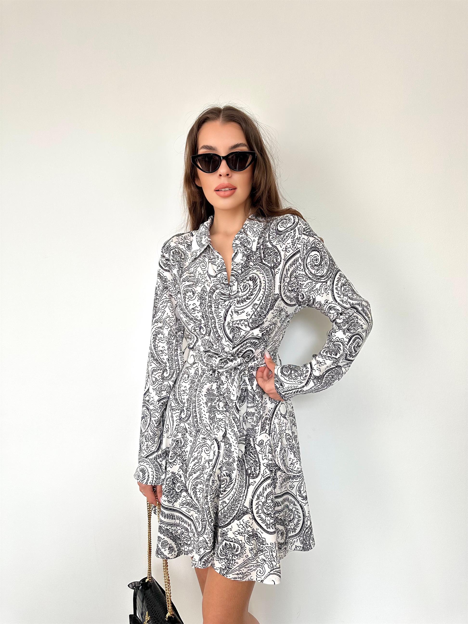 Siyah Şal Desen Volanlı Gömlek Yaka Elbise