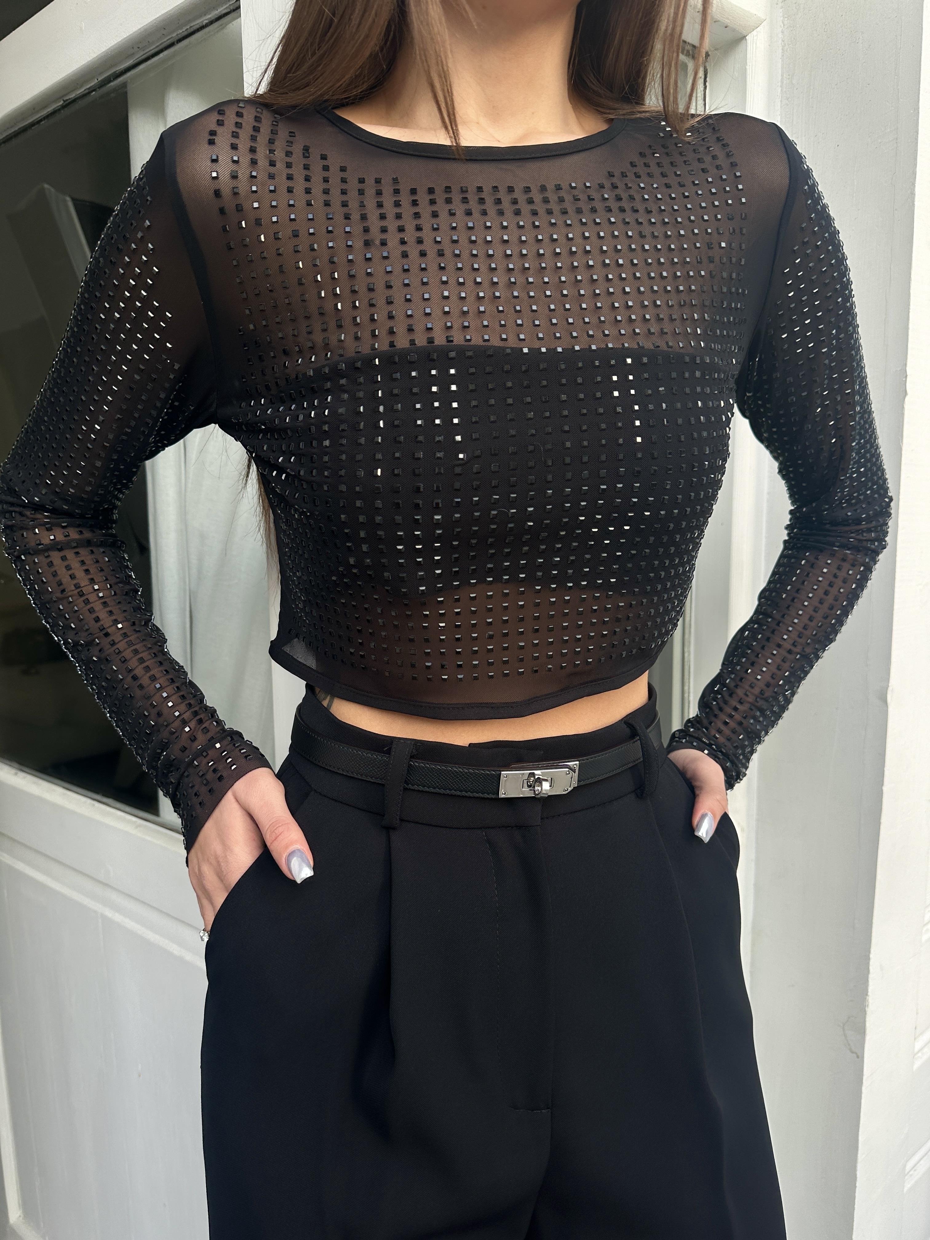 Siyah Şifon Taş İşleme Crop Bluz