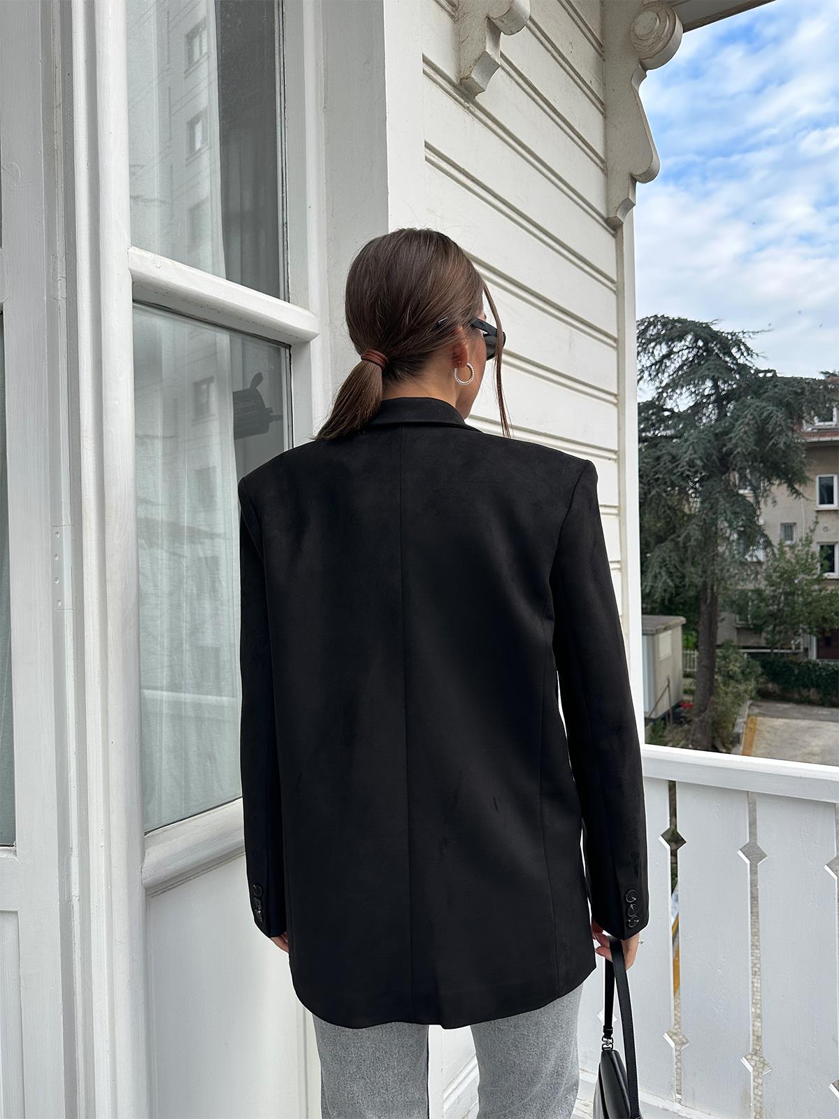 Siyah Tek Düğmeli Süet Blazer Ceket