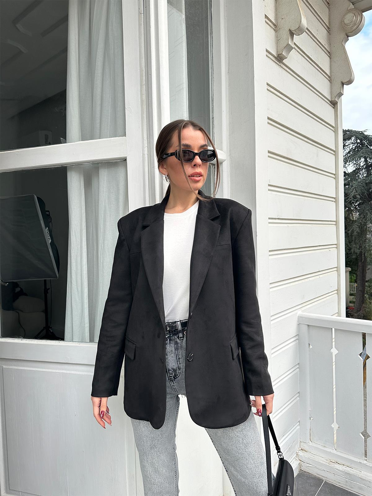 Siyah Tek Düğmeli Süet Blazer Ceket