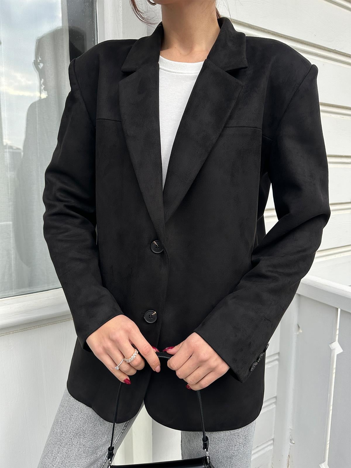 Siyah Tek Düğmeli Süet Blazer Ceket