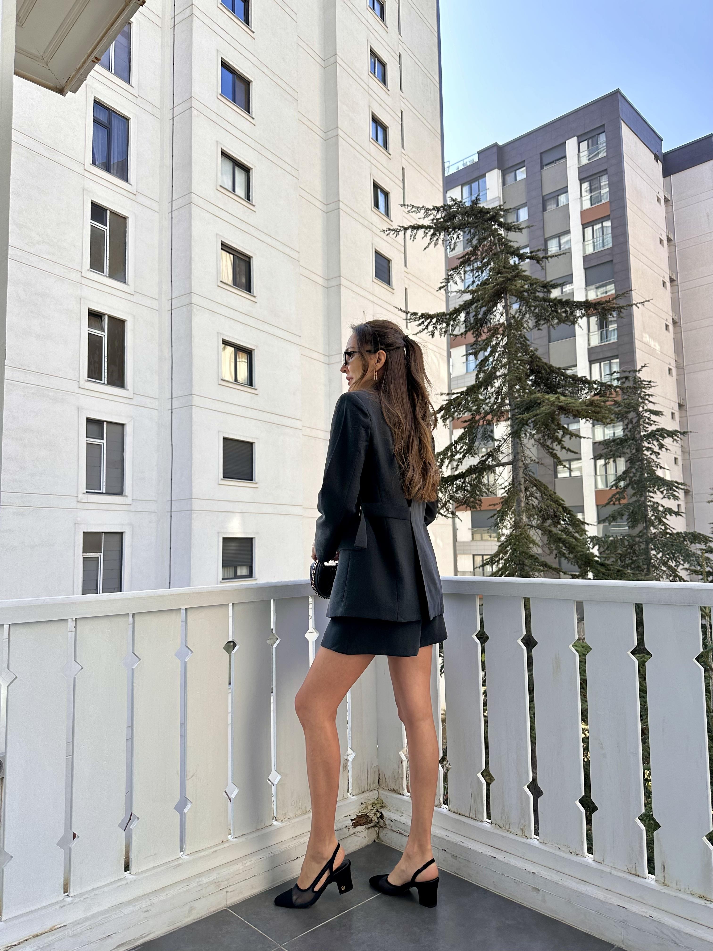 Siyah Tencel Kumaş Ceket Şort Takım