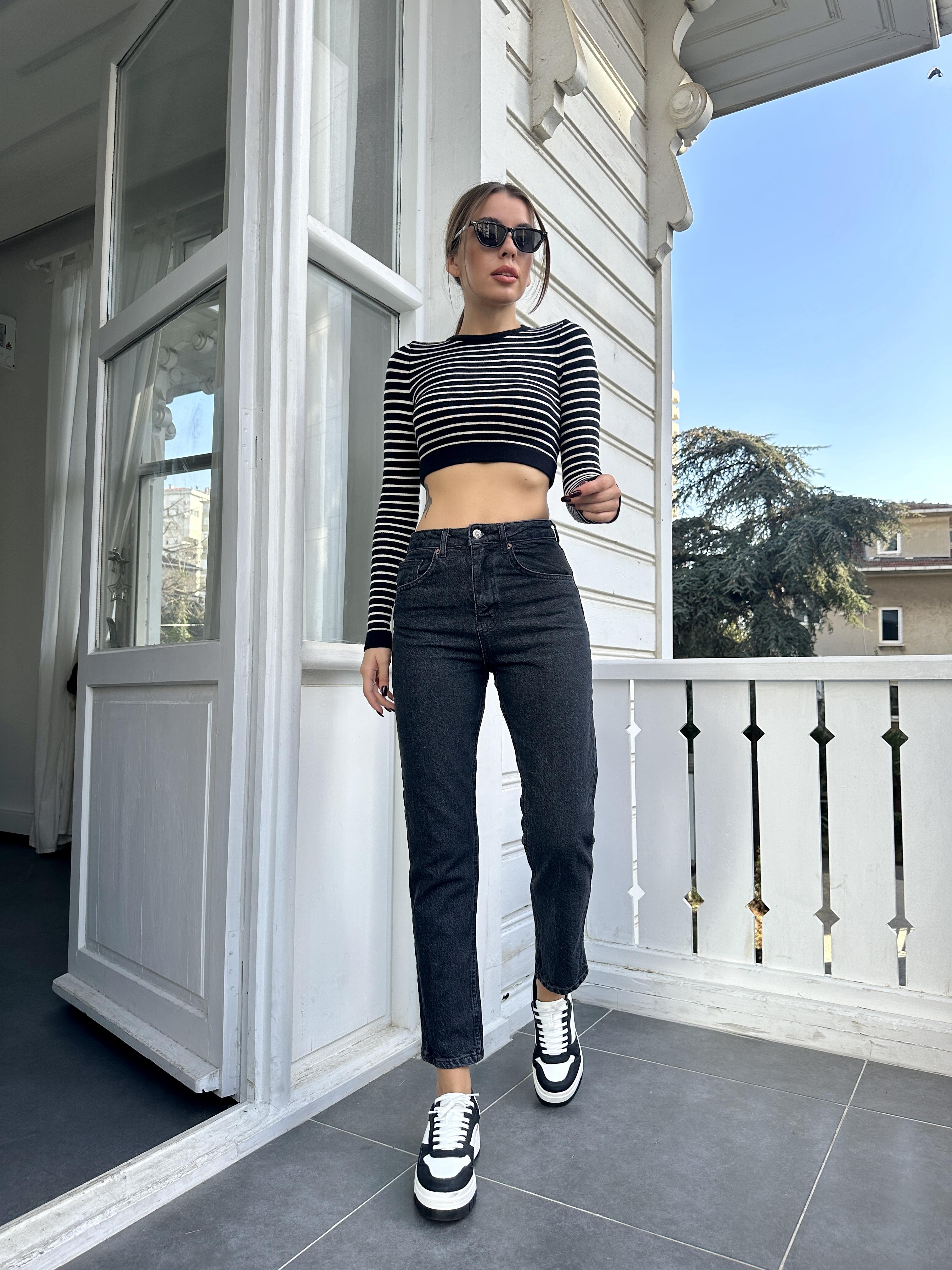 Füme Yıkamalı Mom Jean Pantolon