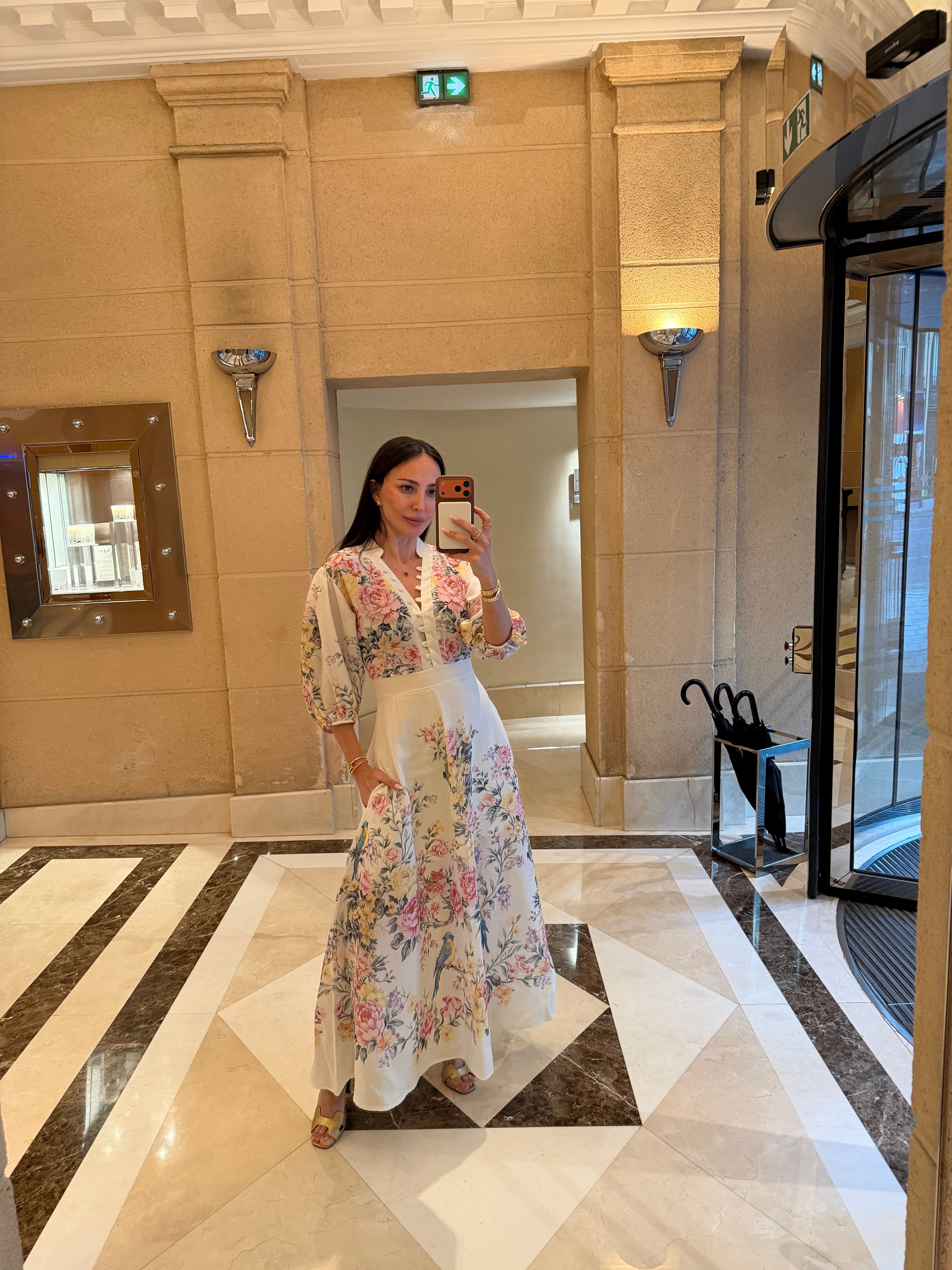 Soft Sarı Hakim Yaka Desenli Yarım Kol Elbise