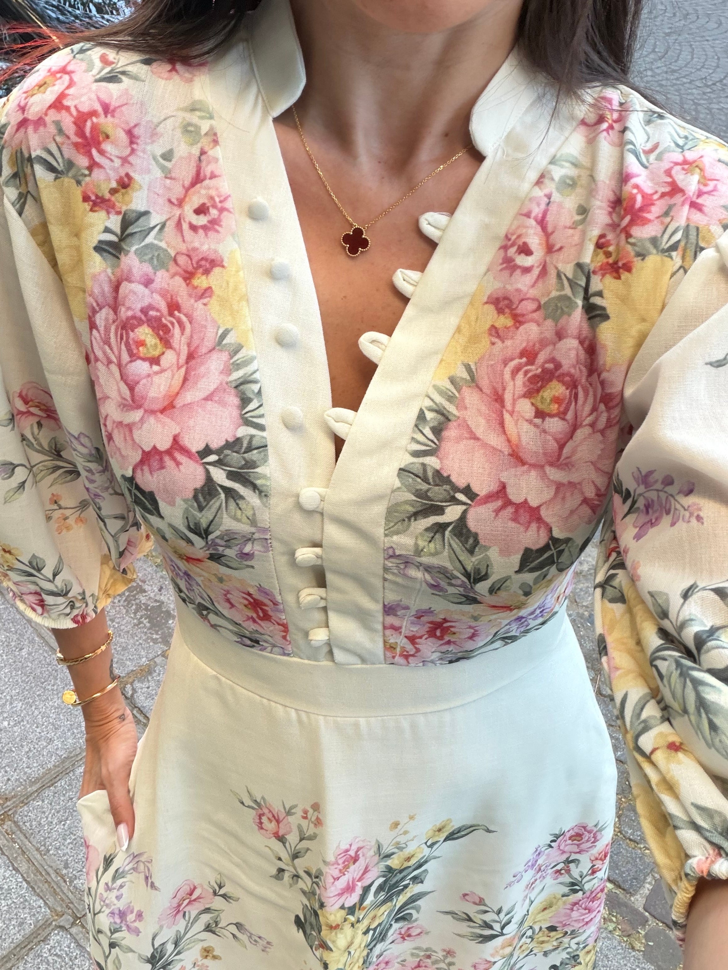 Soft Sarı Hakim Yaka Desenli Yarım Kol Elbise