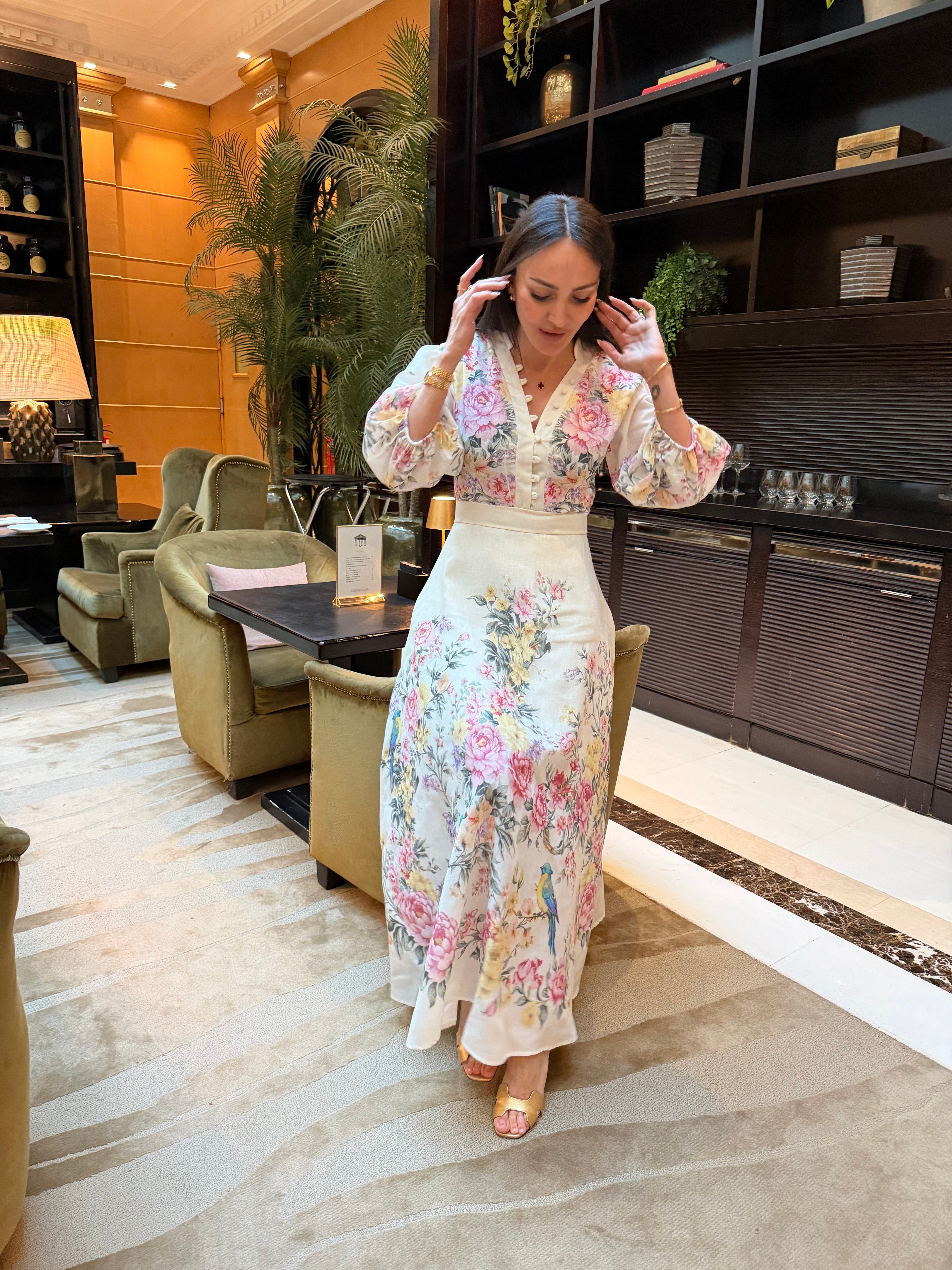 Soft Sarı Hakim Yaka Desenli Yarım Kol Elbise