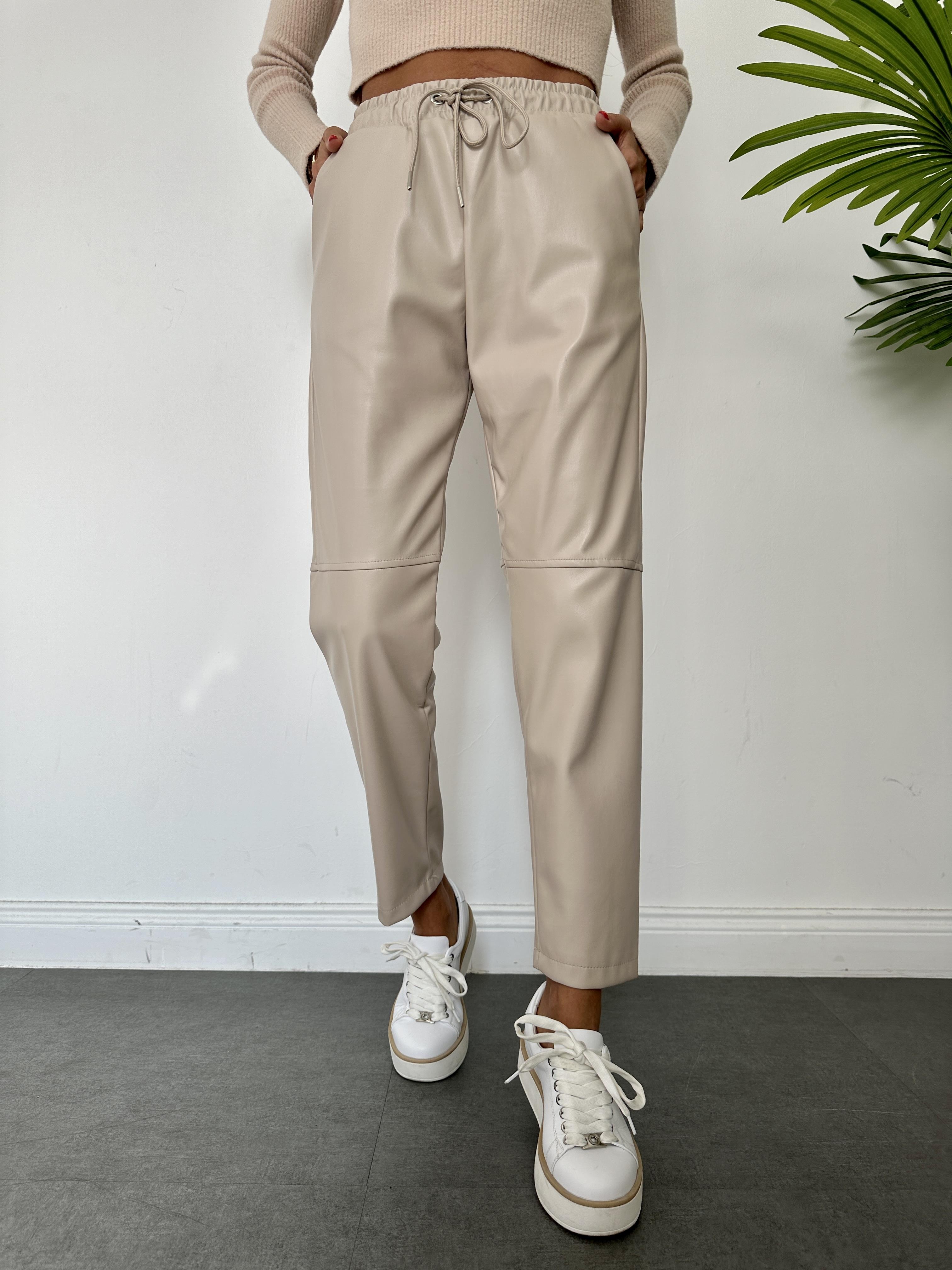 Taş Rengi Dizi Dikişli Bağcıklı ve Beli Lastikli Deri Pantolon