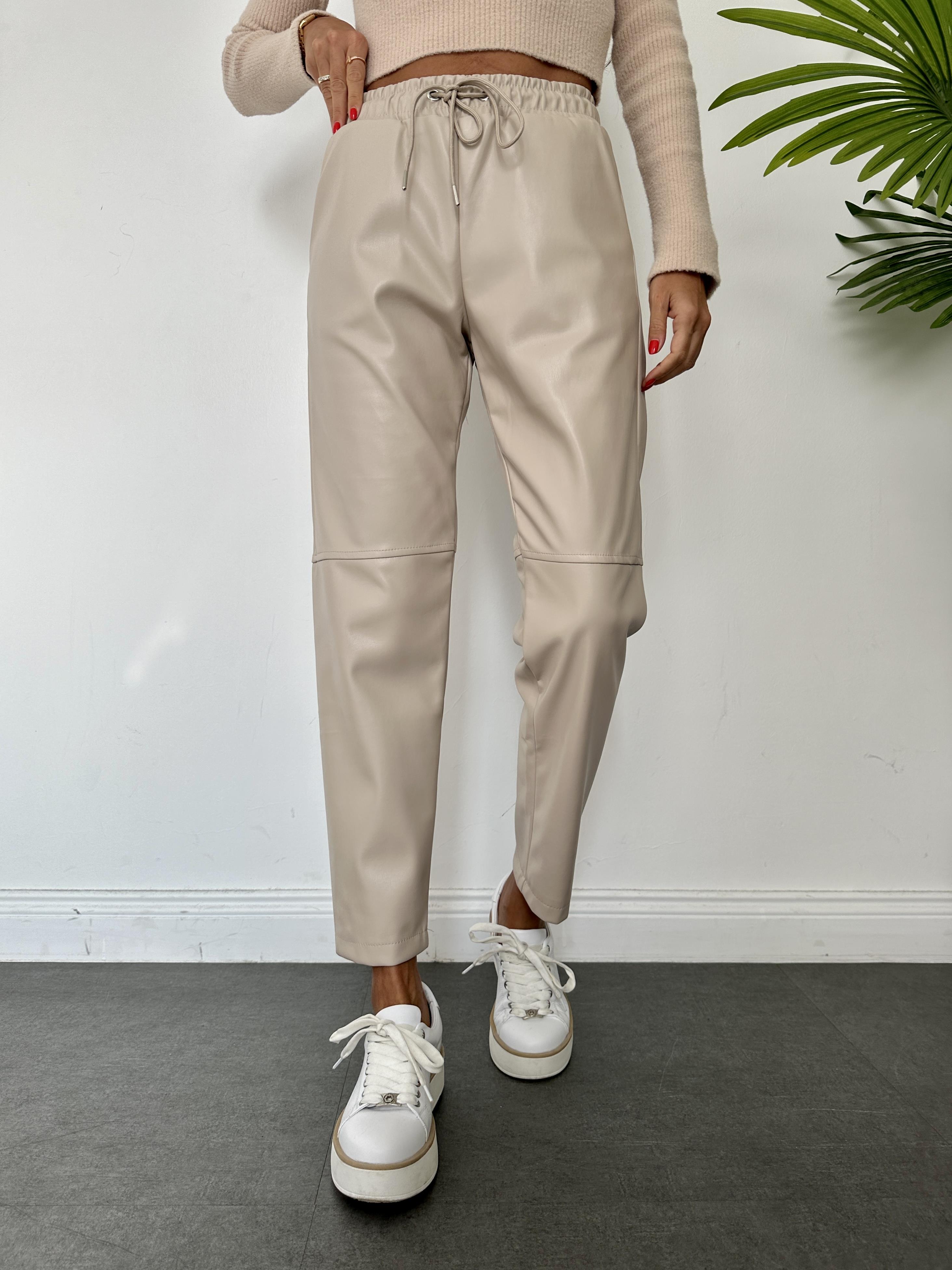 Taş Rengi Dizi Dikişli Bağcıklı ve Beli Lastikli Deri Pantolon