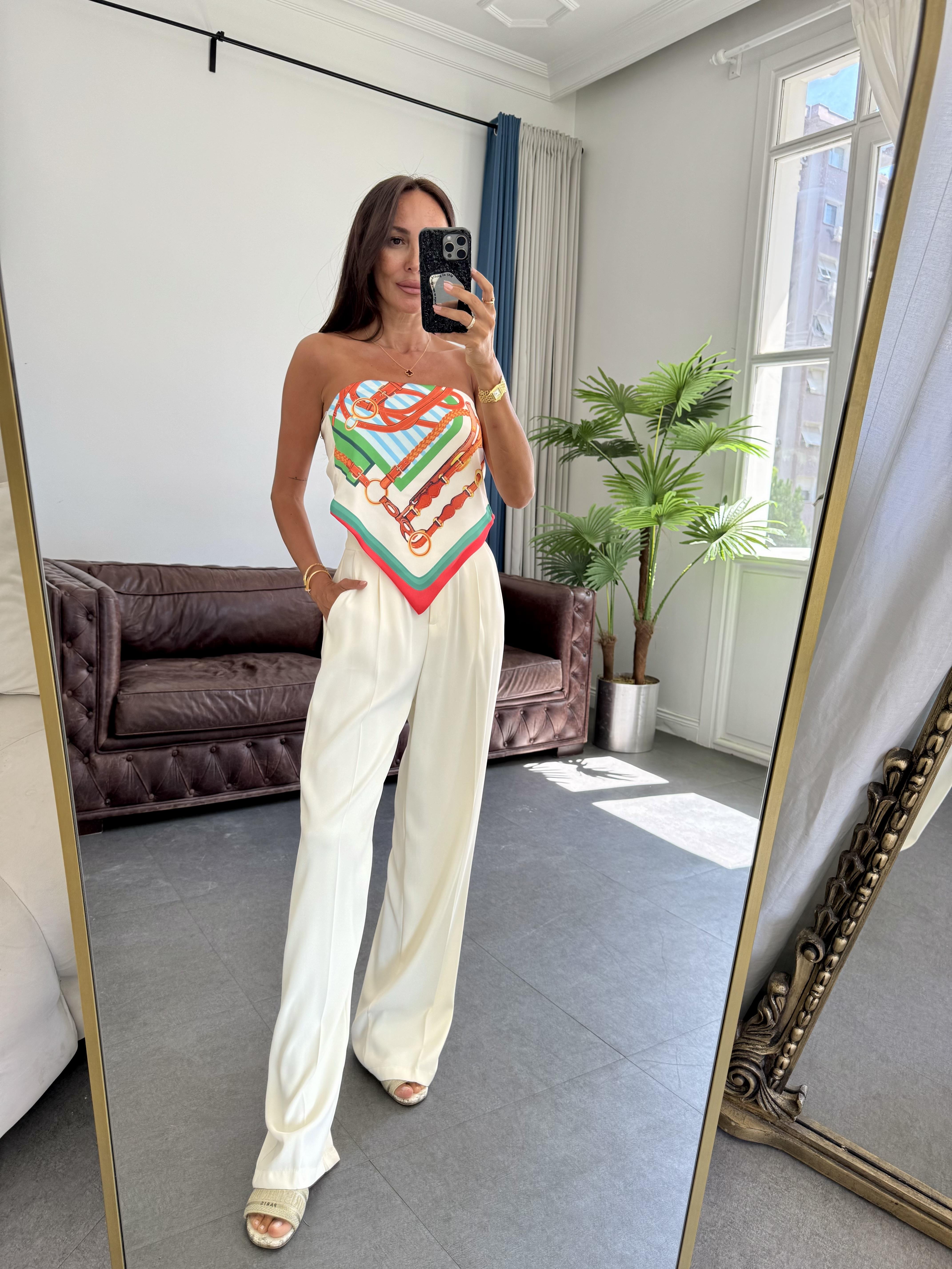 Turuncu Asimetrik Desenli Şal Bluz