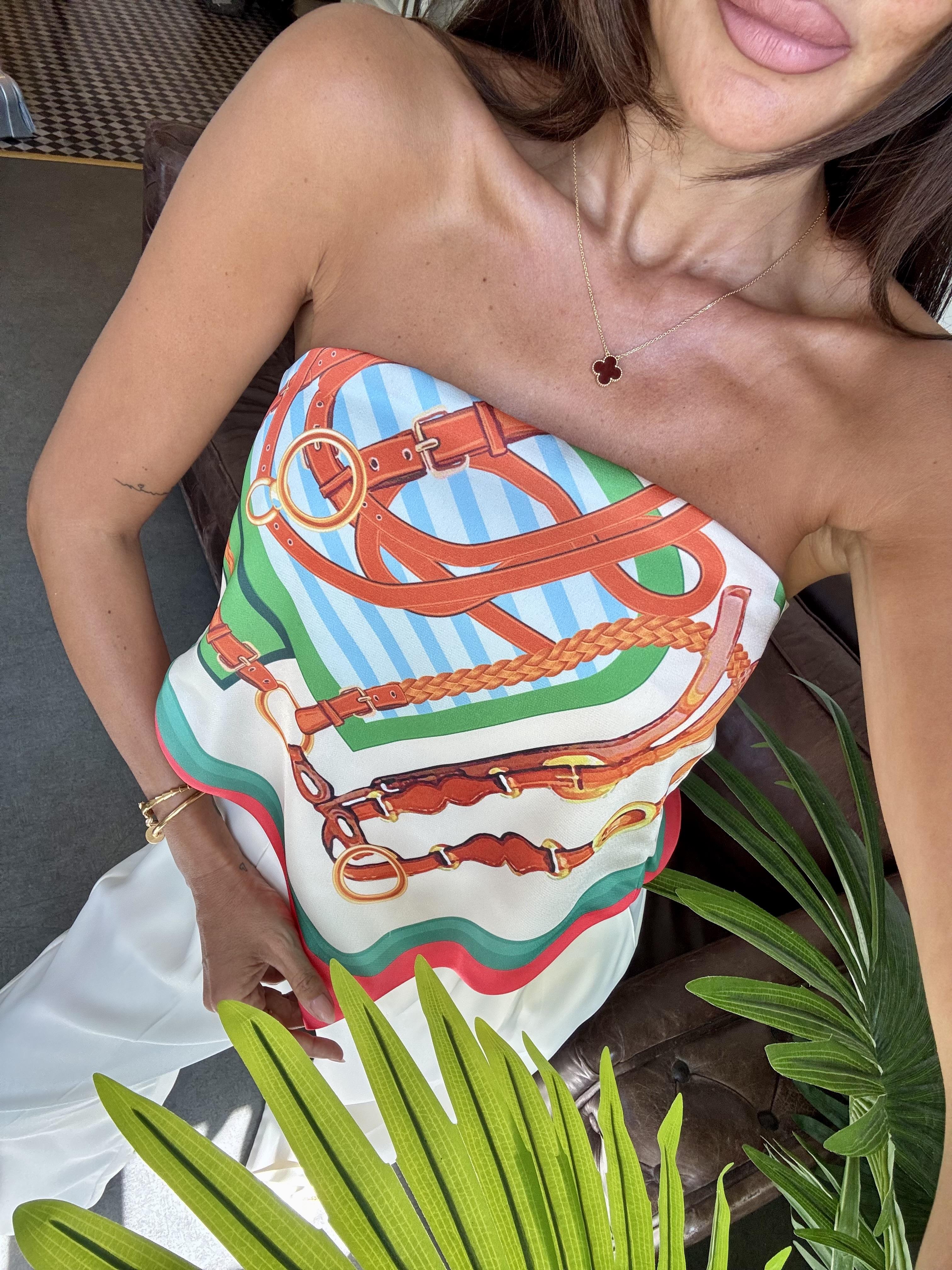 Turuncu Asimetrik Desenli Şal Bluz