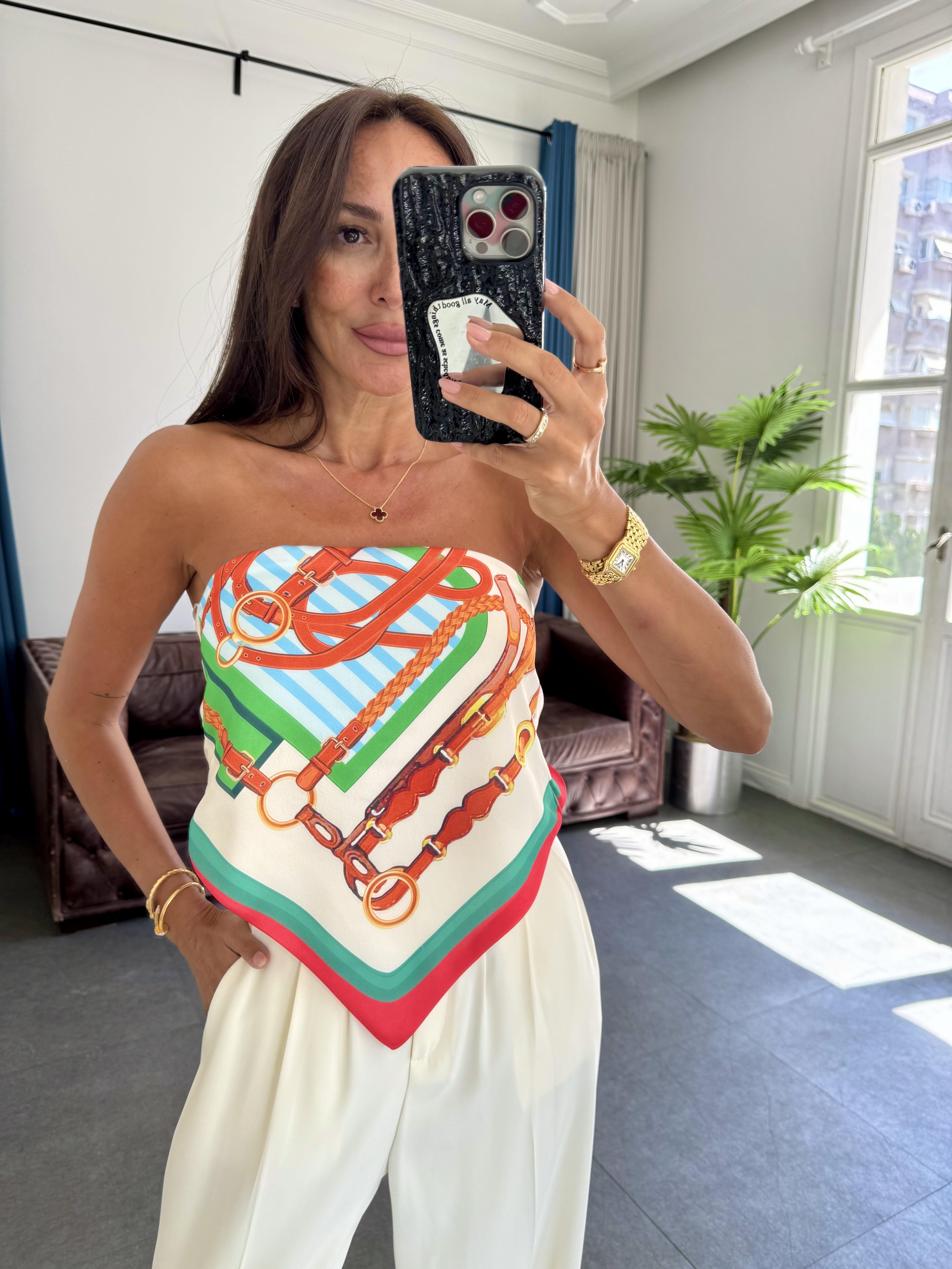 Turuncu Asimetrik Desenli Şal Bluz