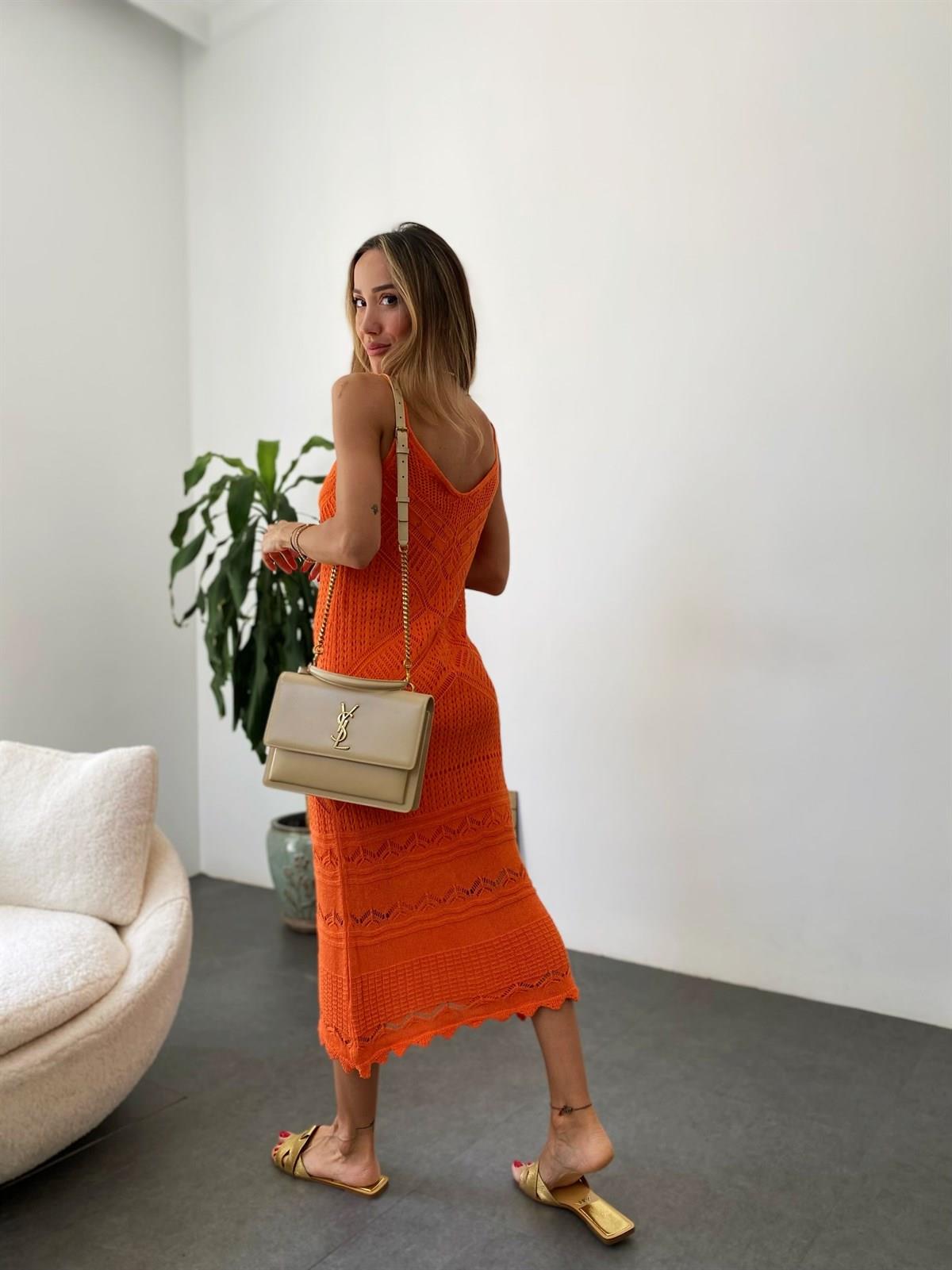 Turuncu Ön Arka V Kesimli Romantic Stil Örgü Elbise