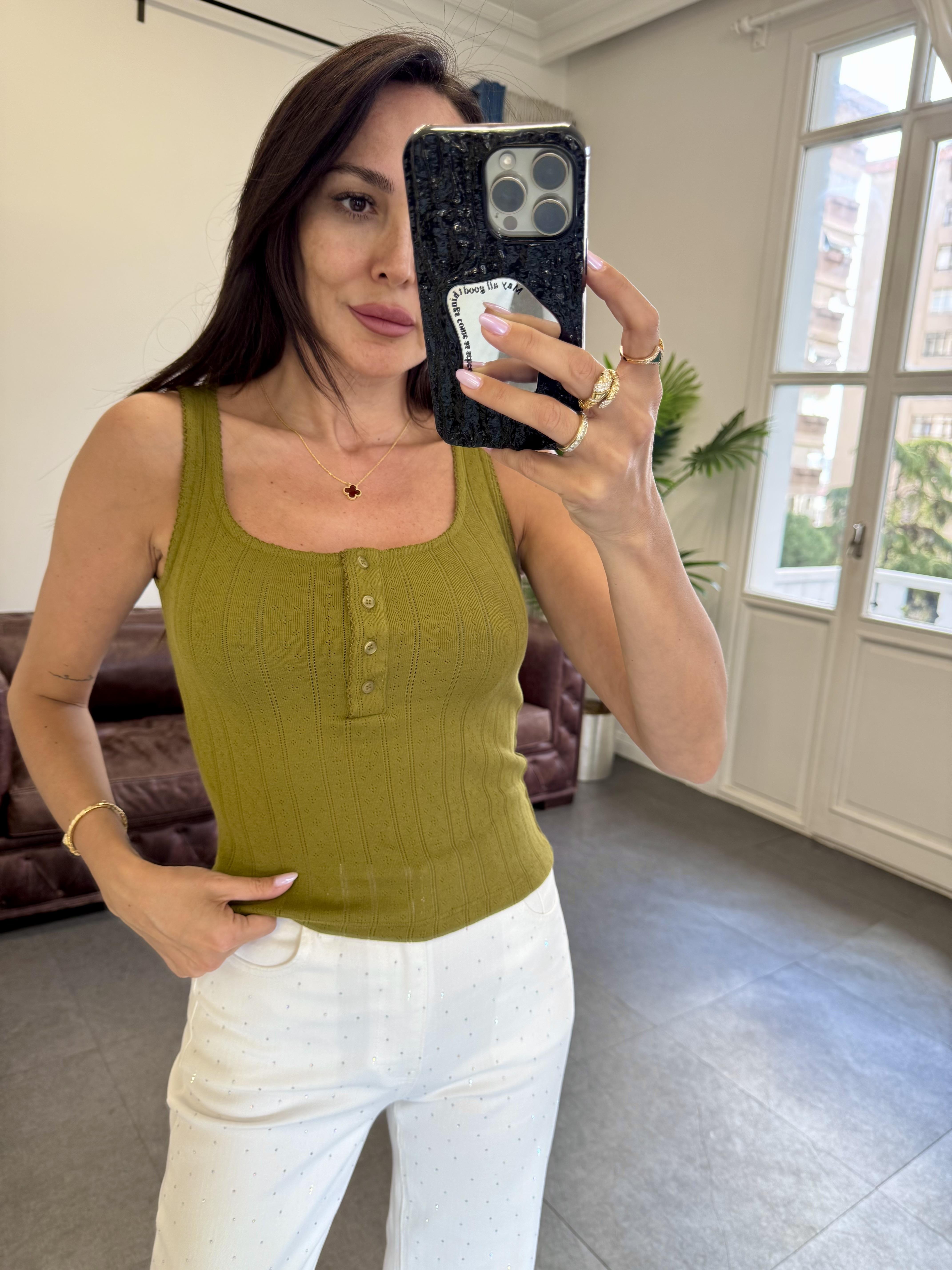 Yağ Yeşili Düğmeli Kare Yaka Bluz