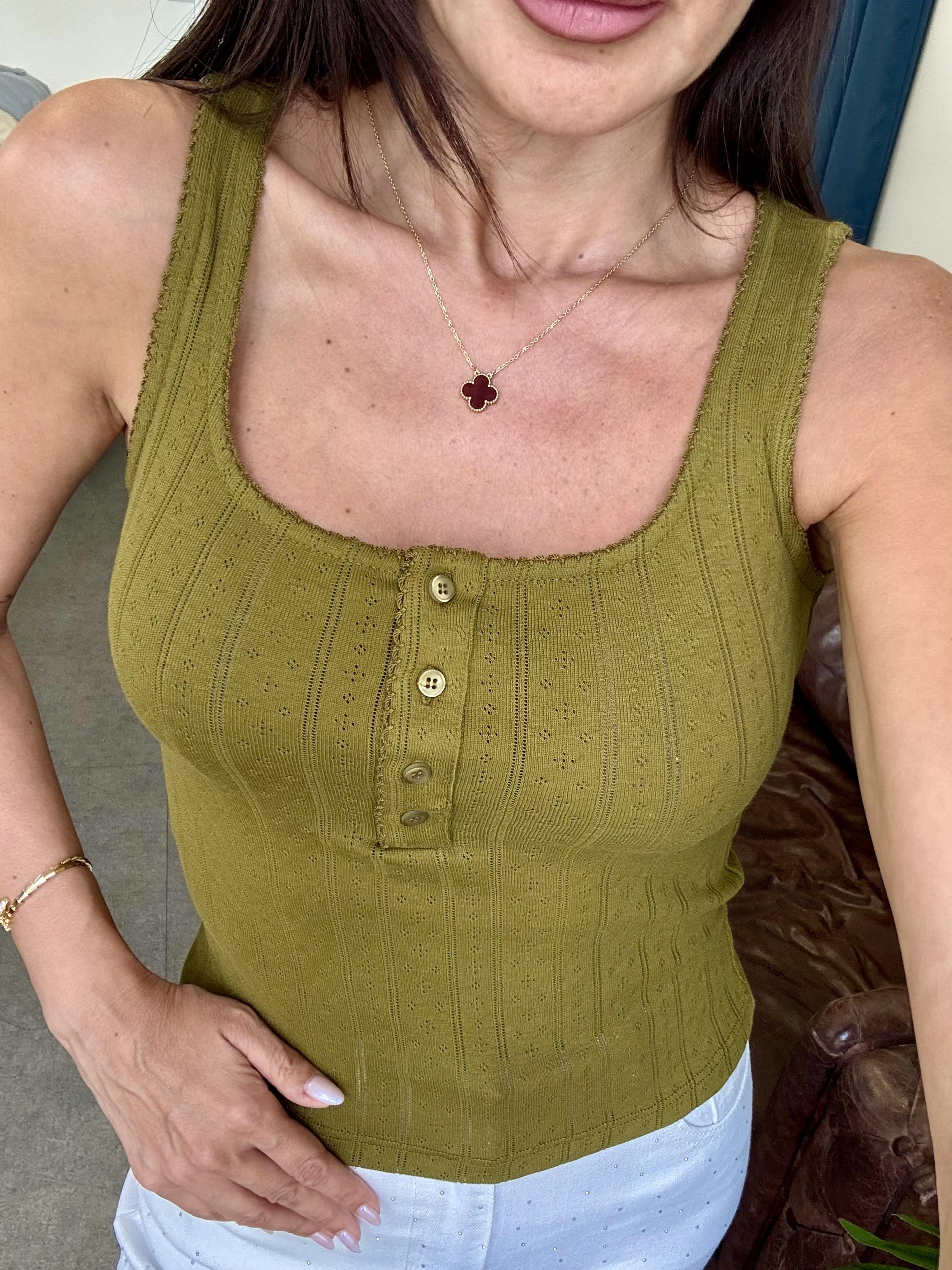 Yağ Yeşili Düğmeli Kare Yaka Bluz