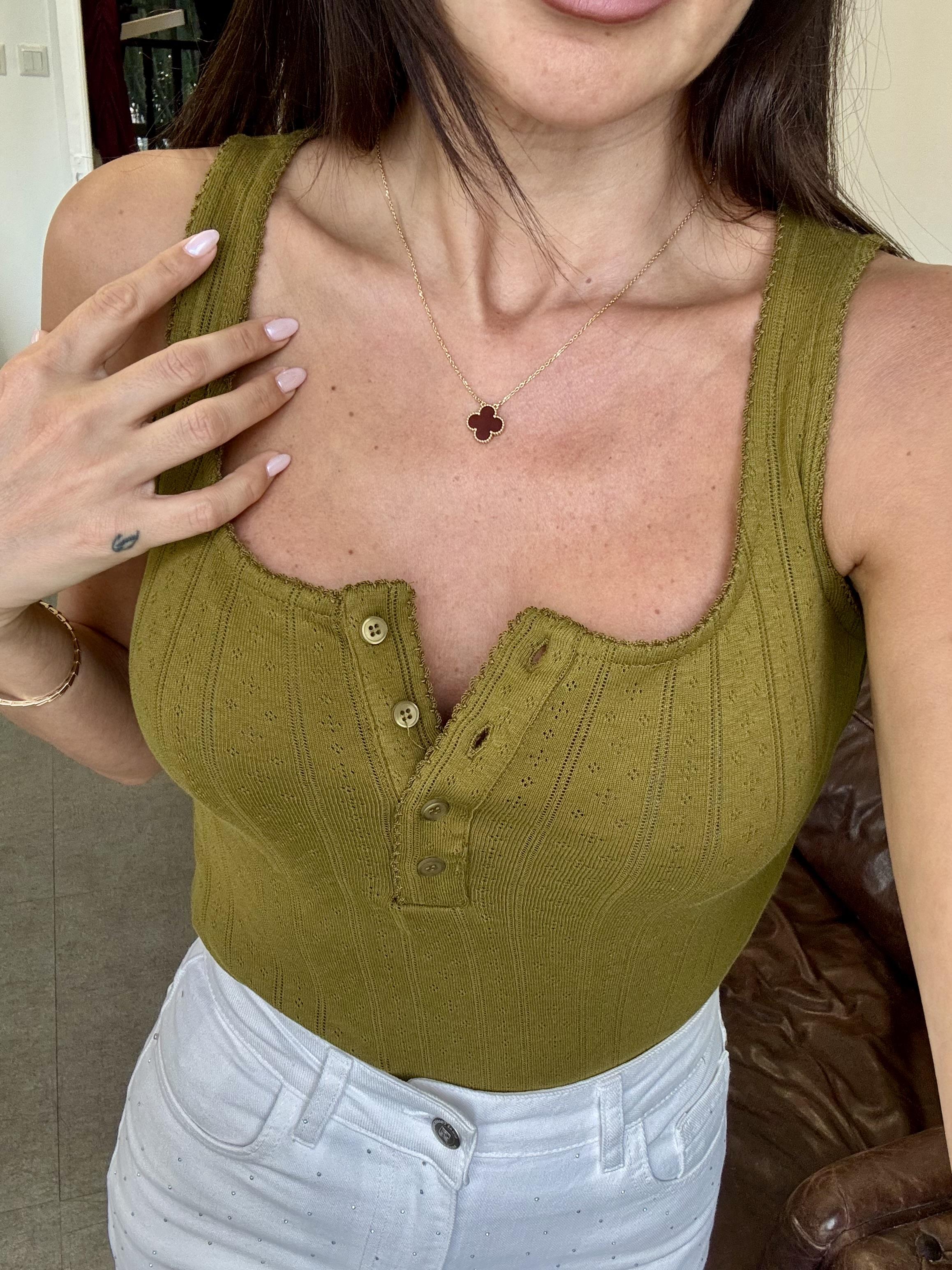 Yağ Yeşili Düğmeli Kare Yaka Bluz