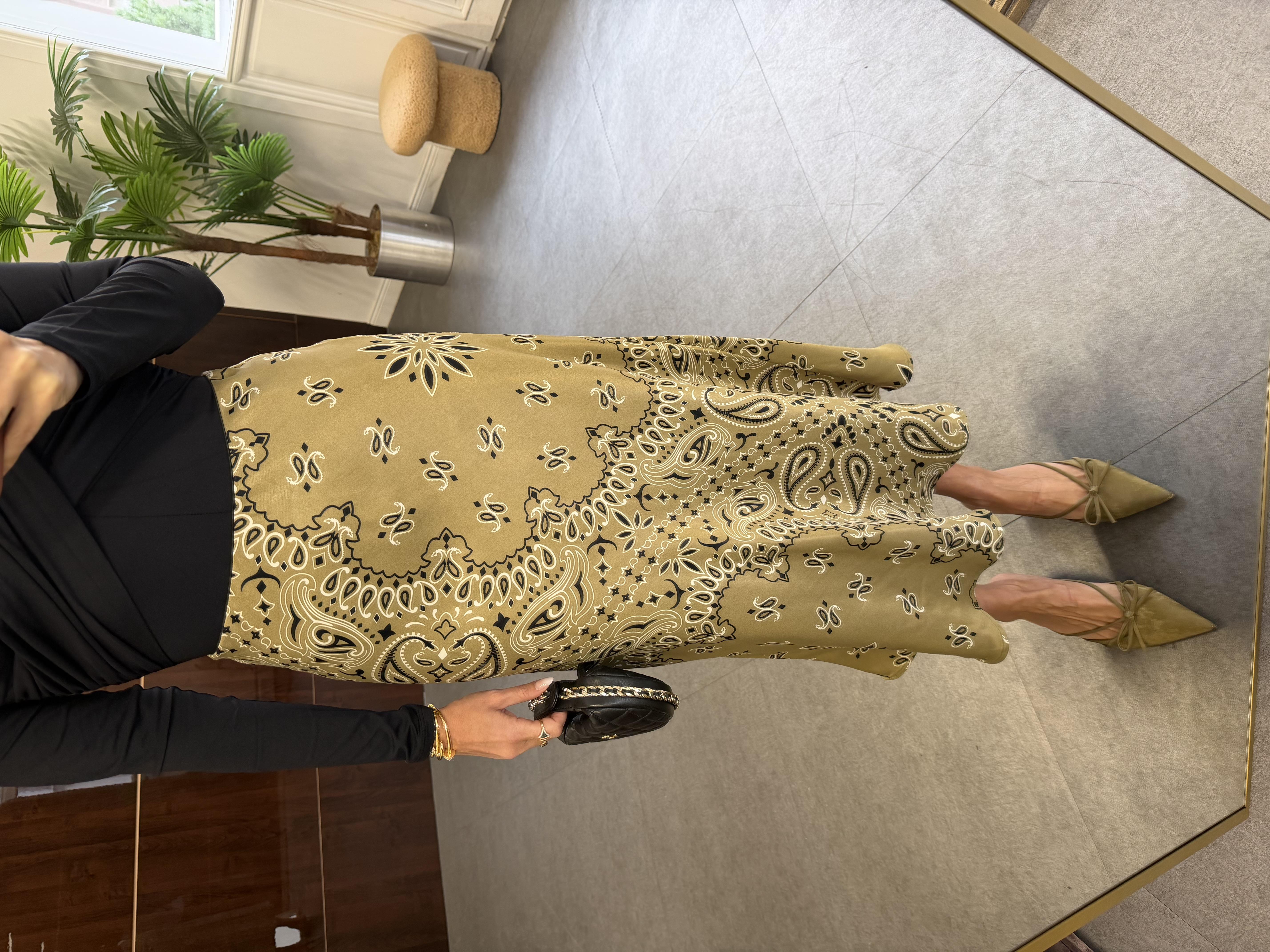 Yağ Yeşili Şal Desenli Verev Etek