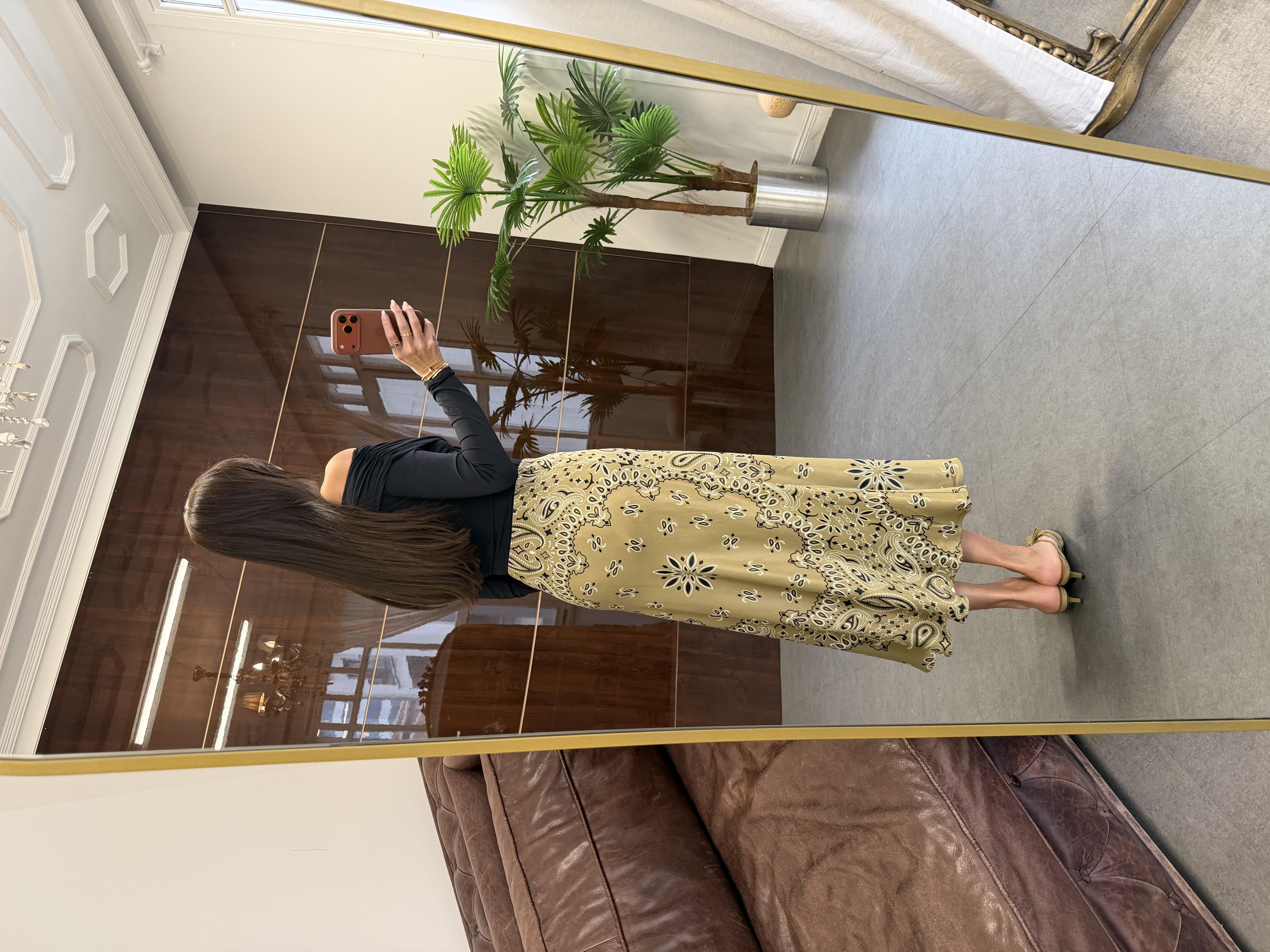 Yağ Yeşili Şal Desenli Verev Etek