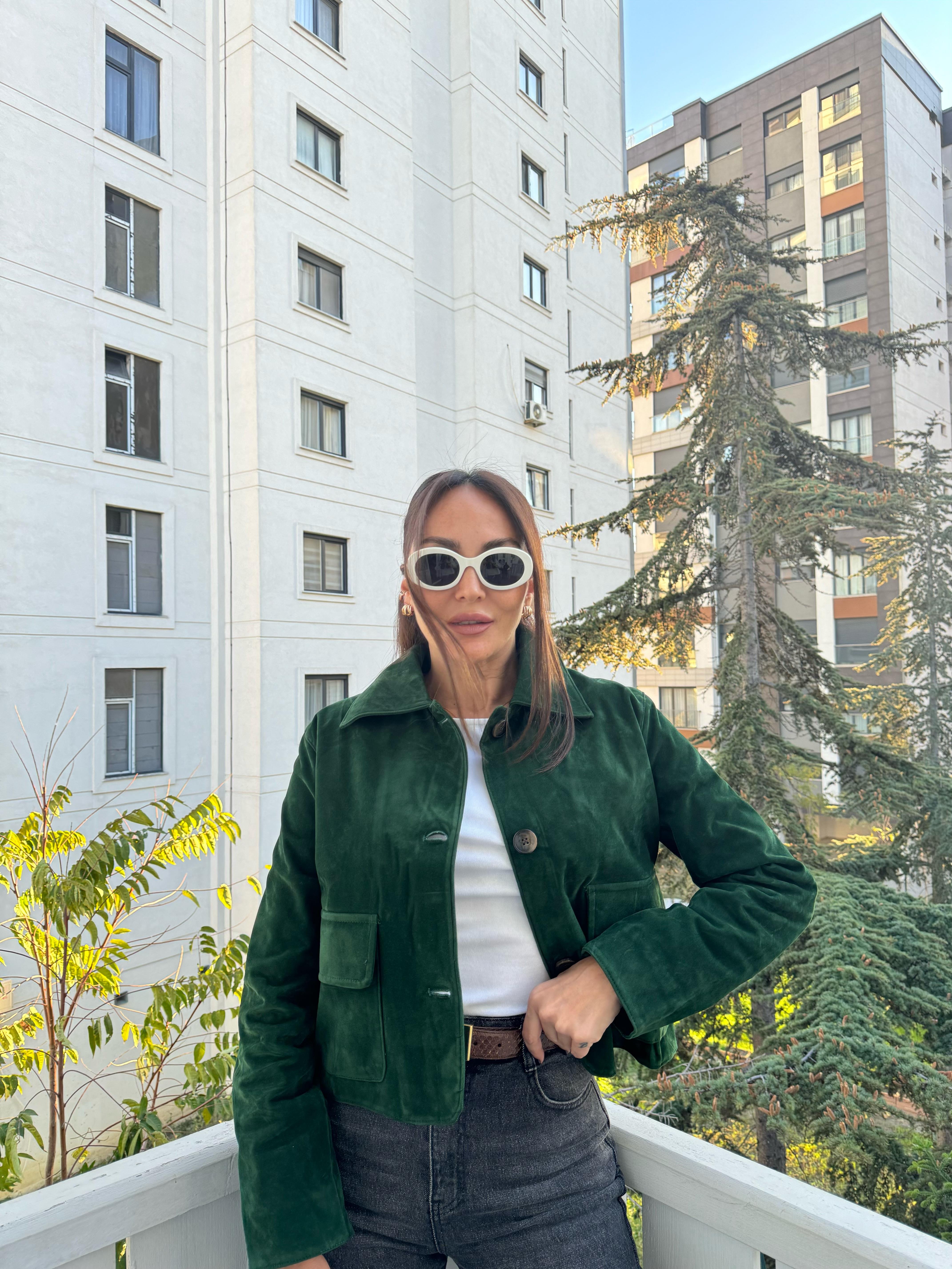 Yeşil Mini Astarlı Güderi Ceket