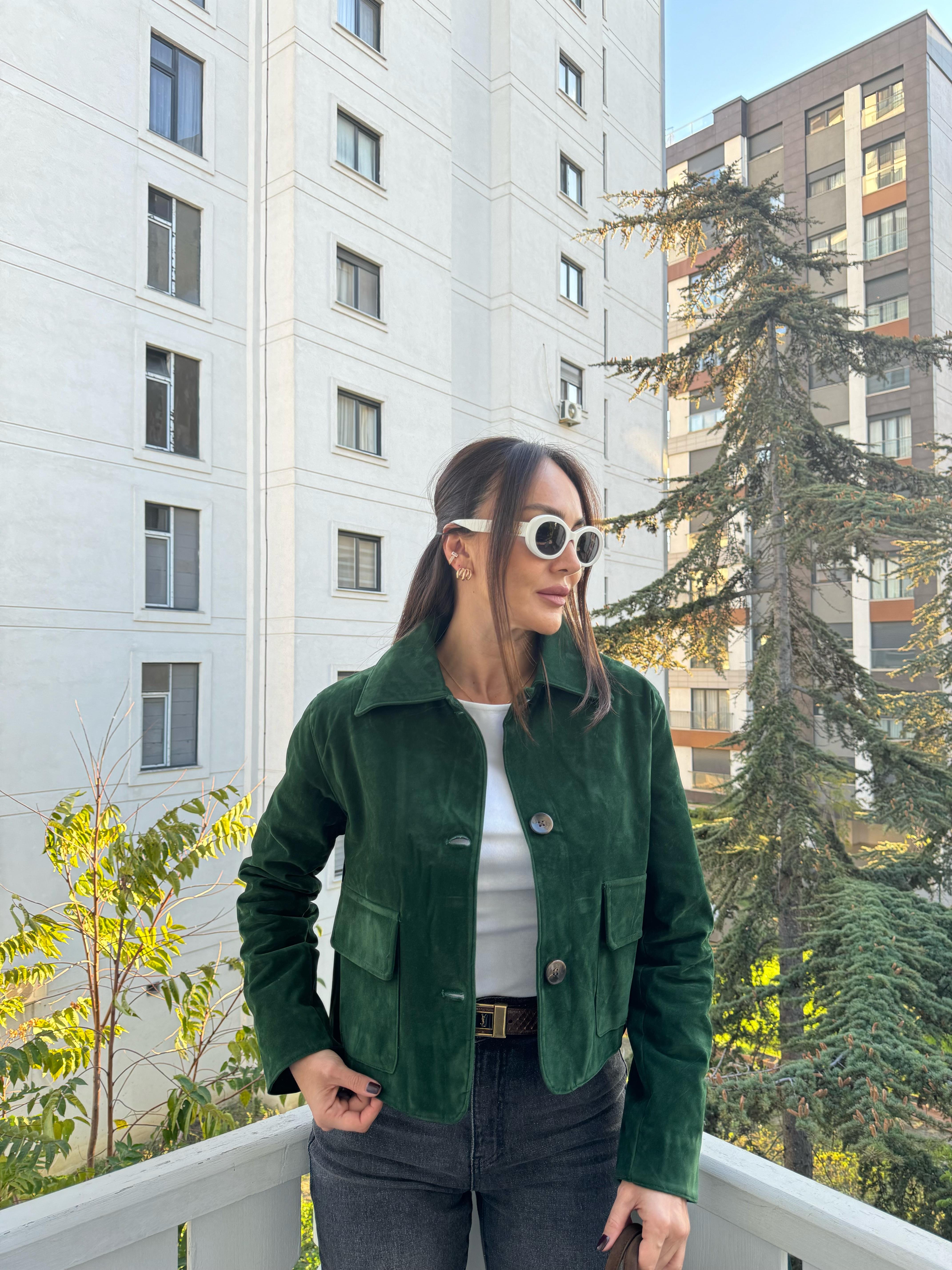 Yeşil Mini Astarlı Güderi Ceket