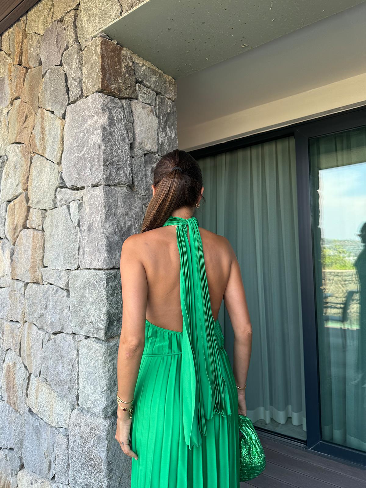 Yeşil Pileli Boyun Detay Elbise