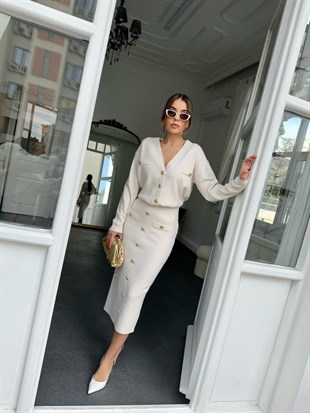 Bant Detaylı Düğmeli Takım Krem