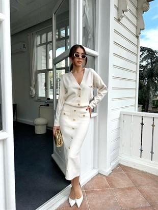 Bant Detaylı Düğmeli Takım Krem