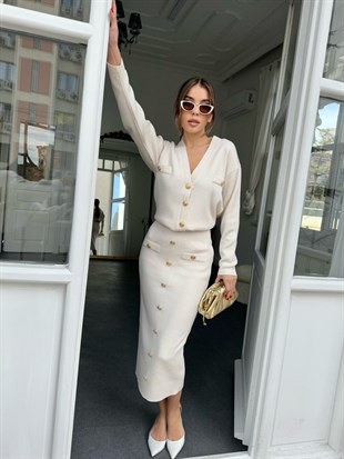 Bant Detaylı Düğmeli Takım Krem