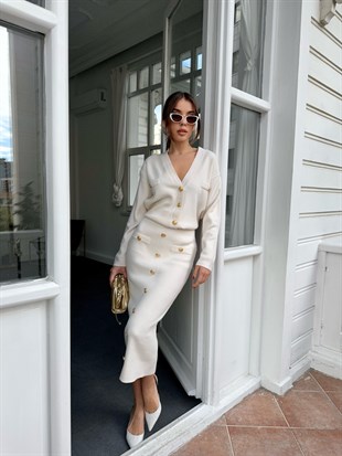 Bant Detaylı Düğmeli Takım Krem