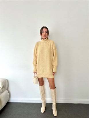 Boğazlı Triko Krem Elbise