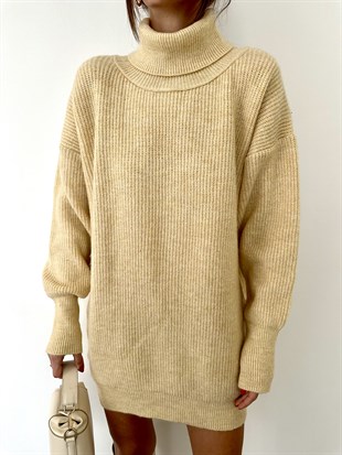 Boğazlı Triko Krem Elbise