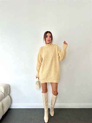 Boğazlı Triko Krem Elbise