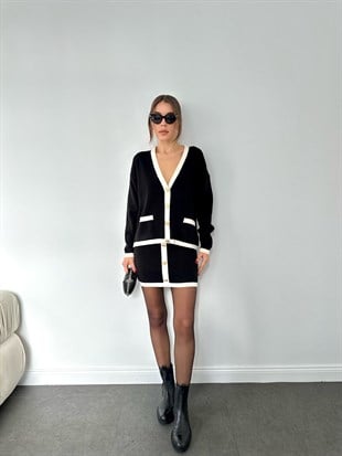 Çizgili İntersiyeli Kısa Etekli Takım Siyah-Krem