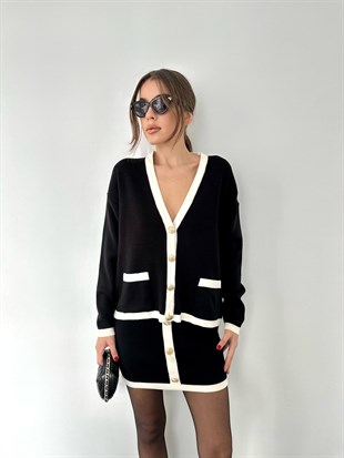 Çizgili İntersiyeli Kısa Etekli Takım Siyah-Krem