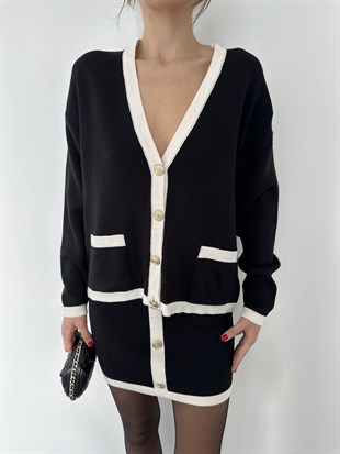 Çizgili İntersiyeli Kısa Etekli Takım Siyah-Krem